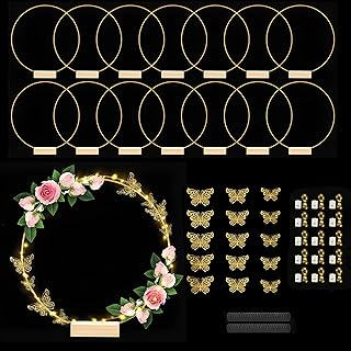 Metal Floral Hoop Centerpiece with Wood Stands,Gold Butterfly, and LED Fairy Lights, Gold Metal Rings for Christmas Party Dream Catcher Wedding Table Wreath Decor (12in-15 Sets)