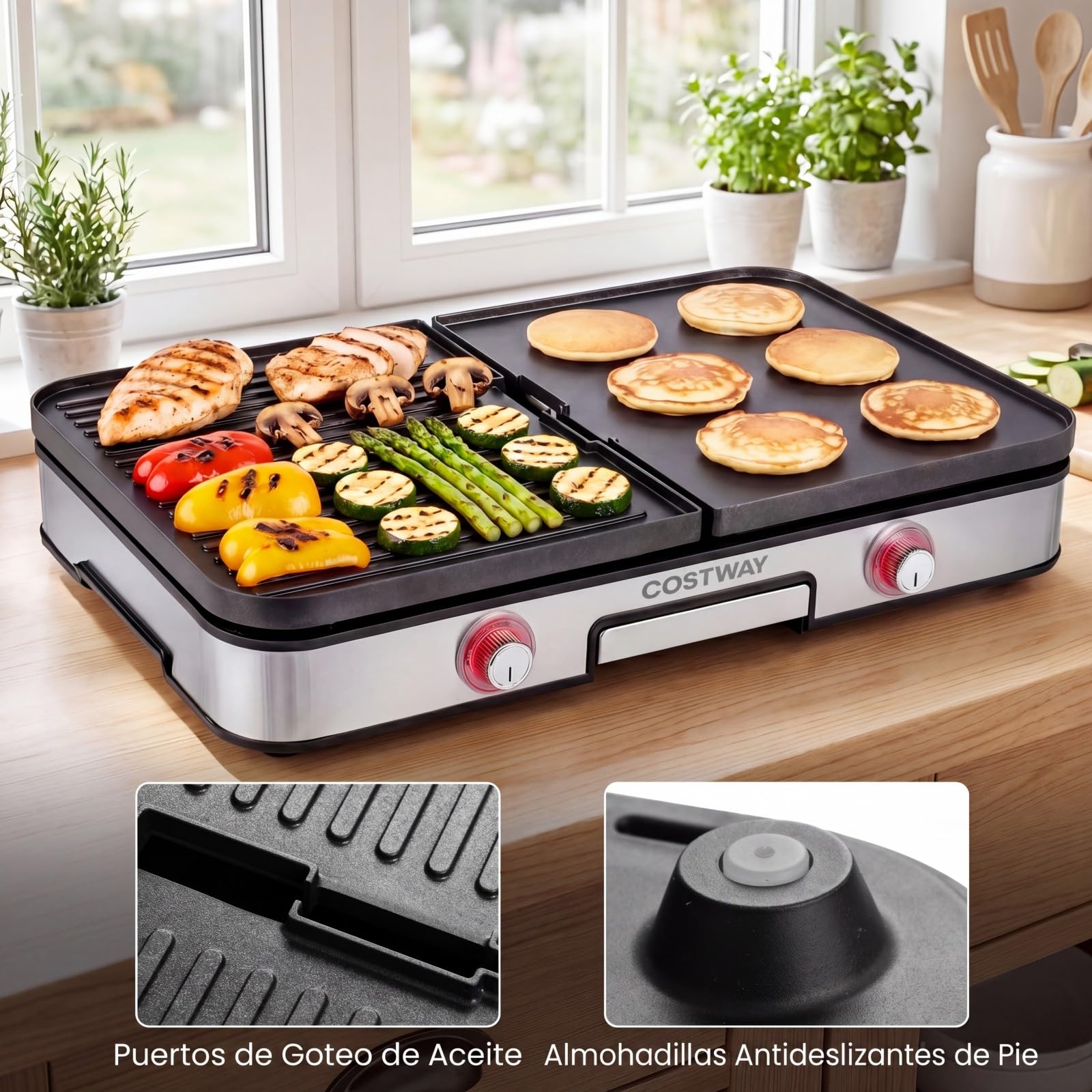 COSTWAY Plancha Cocina 3 en 1, Parrilla Eléctrica 2000W con 2 Placas Reversibles, Temperatura Ajustable y Control Independiente, Superficie Antiadherente, Grill Barbacoa Interior Exterior Picnic