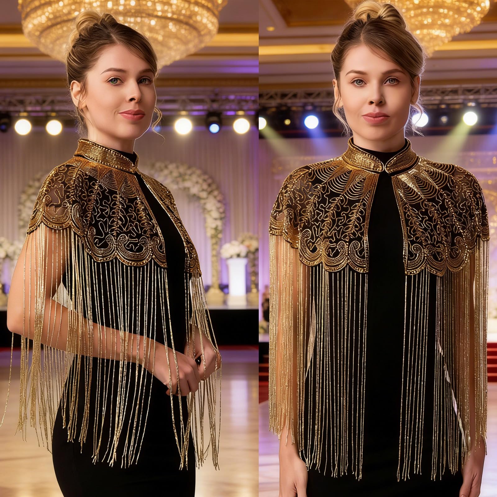 Elegante scialle ricamato in poliestere con frangia lunga e perline Decors Prom Dinner Wrap per donne e ragazze con frange