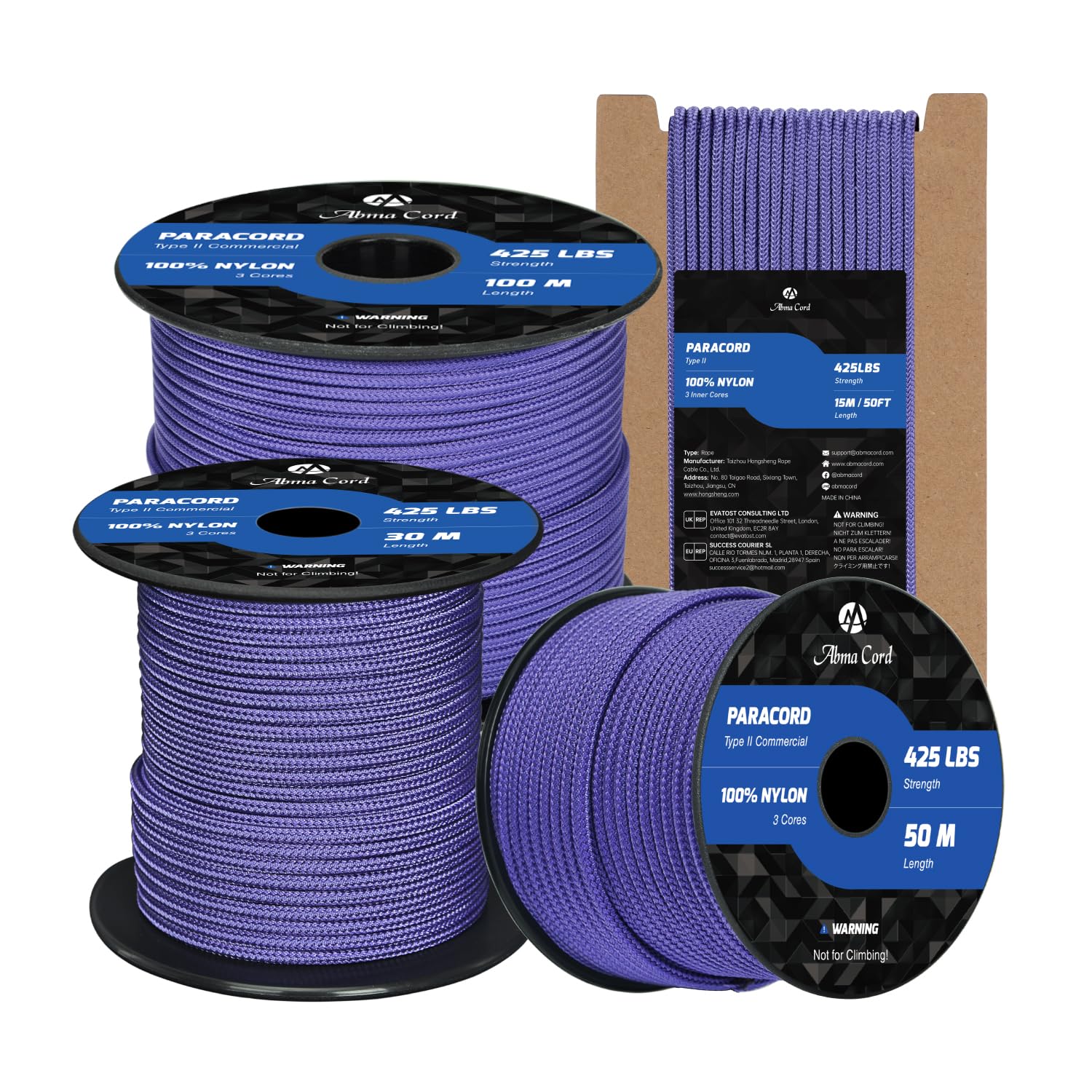 Abma Cord Paracord 3mm 15m 100% Nylon Rope Type II 3 Strands Parachute Cord - Max. 192kg (425lbs) - Purple