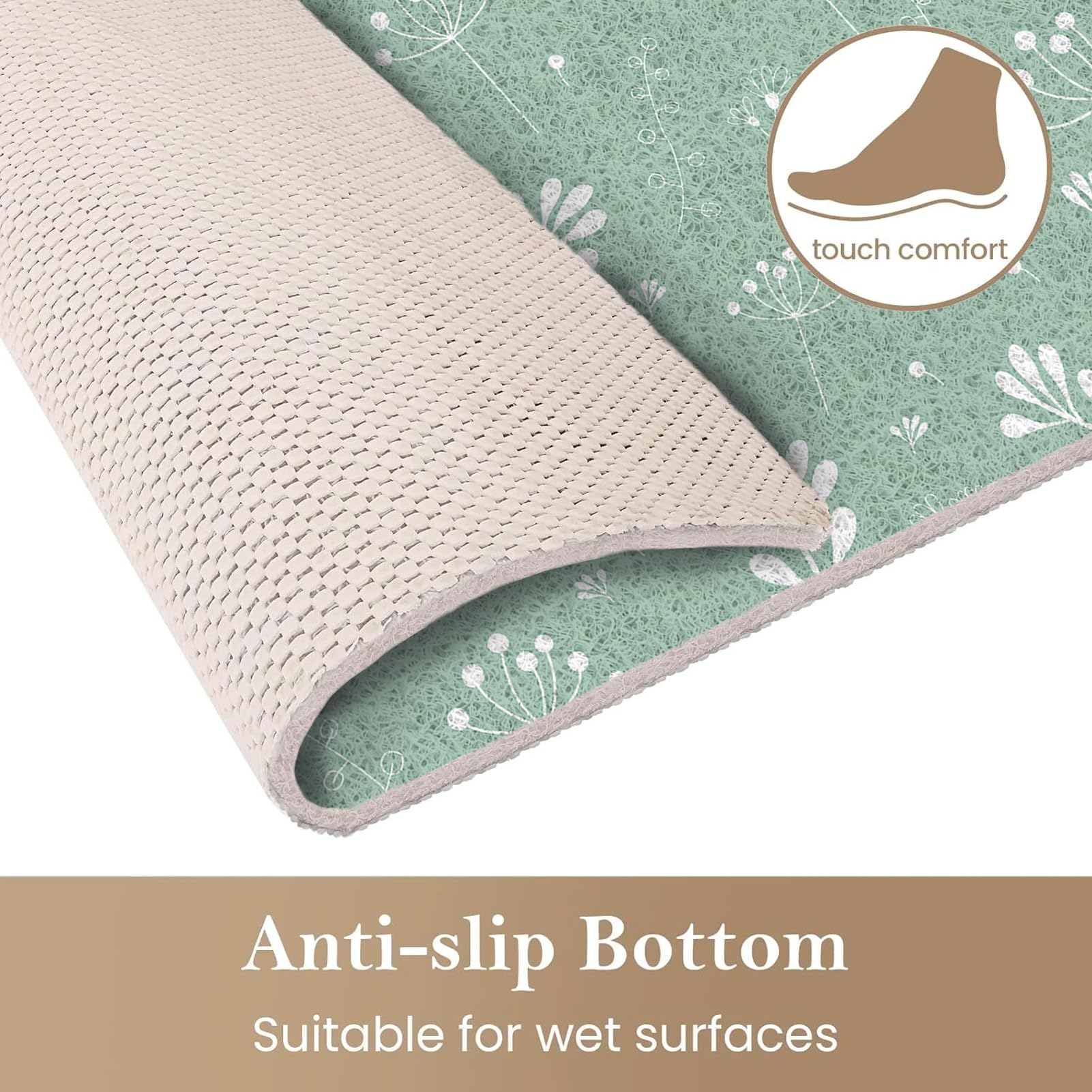 Tapis de bain antidérapant extra long pour l'intérieur, en luffa en PVC souple avec drainage, séchage rapide pour zone humide, sans ventouse, vert et blanc, 100 x 100 cm