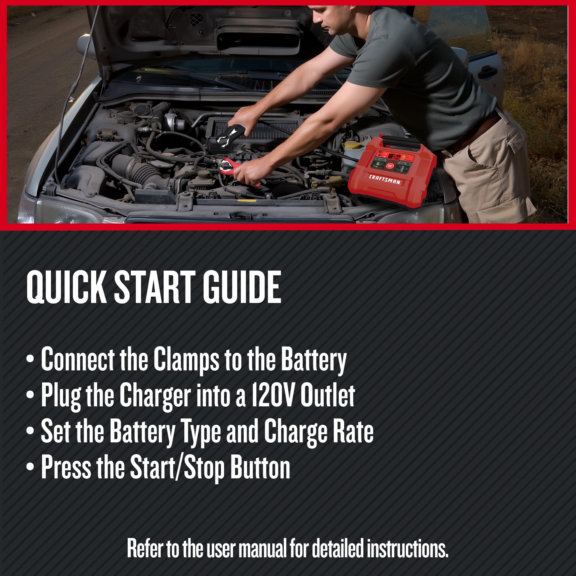 CRAFTSMAN 12A Car Battery Charger and Maintainer, 4-in-1 Solution, Battery Tester, for 6V/12V Power Sport, Automotive, and Marine Batteries, CMXCESM258