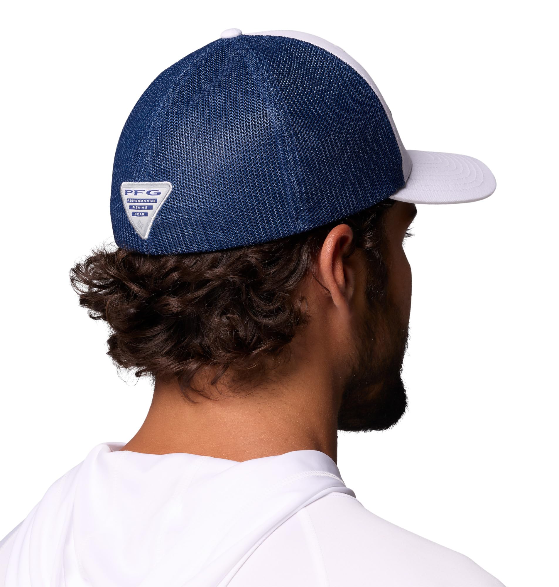 Columbia PFG - Berretto Unisex con Logo in Rete, Bianco/Carbonio/PFG Stacked Logo, L/XL