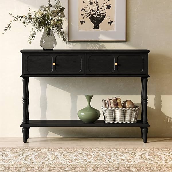 Mesa consola ARTPOWER de 47 pulgadas estilo mediados de siglo, 2 cajones y estante abierto, negro | Mesa de entrada con almacenamiento, mesa estrecha detrás del sofá para sala, recibidor, pasillo