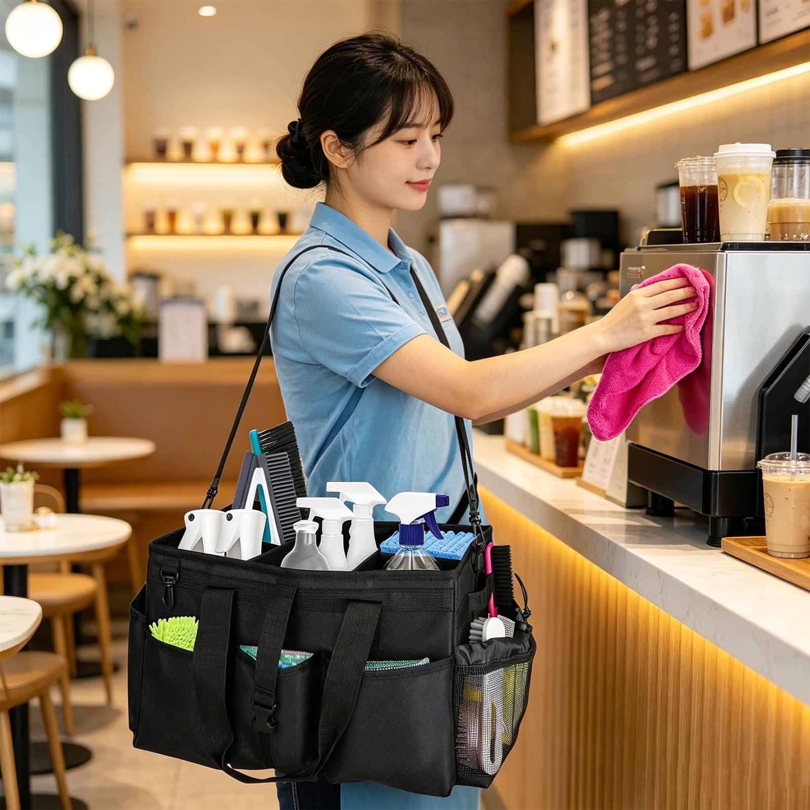 Luocute Bolsa de Limpieza, Organizador de Suministros de Limpieza Portátil con Asa, Correa de Hombro Ajustable, Divisores Extraíbles, para Amas de Casa, Lavado de Autos, del Hogar