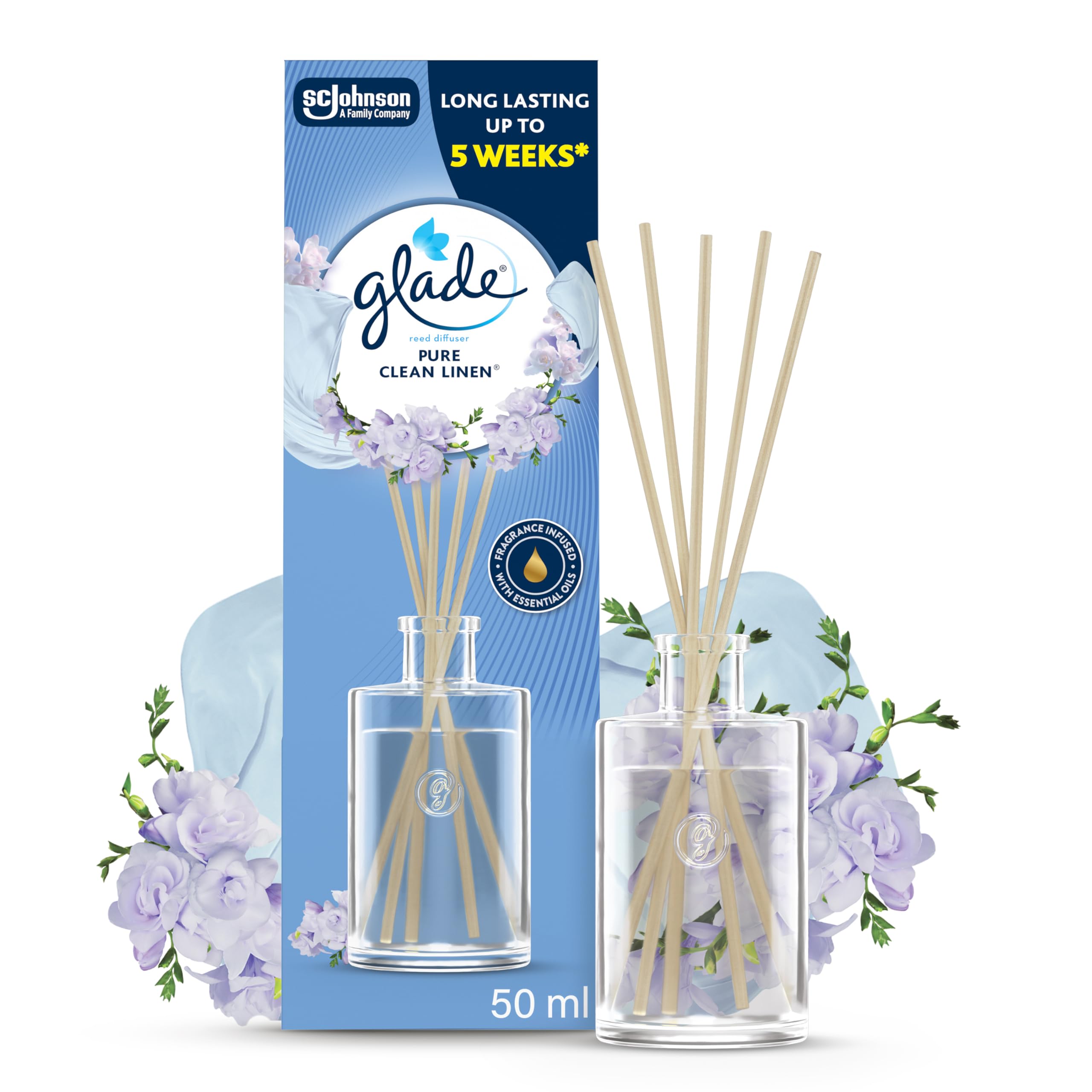 Glade Reed Diffuser, Home Fragrance Infused with Essential Oils, Room Air Freshener With Up to 5 Weeks of Continuous Fragrance, Clean Linen, 50ml