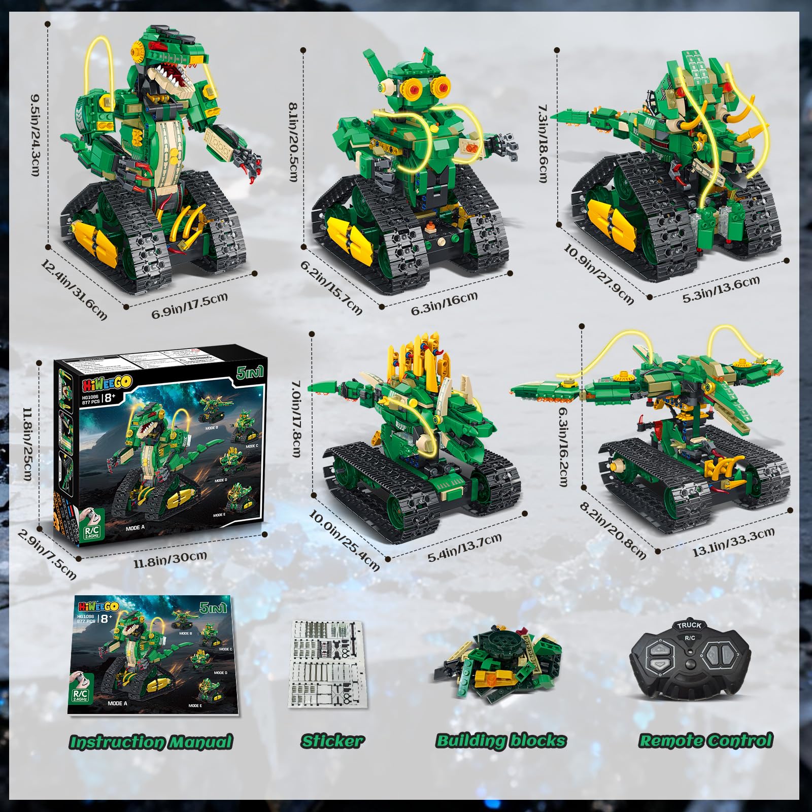 HiWEEGO Technik Roboter für Kinder mit Licht - 5 in 1 Dinosaurier Fernbedienung Bausatz, 877 Teile RC Robot Wiederaufladbar Spielzeug Geschenk für Jungen und Mädchen 8–12 Jahren