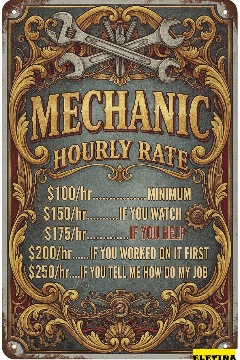 Personalized Sign for Man Cave Vintage Wall Decor Retro Vintage Metal Mechanic Hourly Rate Reproduction Metal Tin Wall Decor Cafe Bar Pub Home 12 X 8 Inches Private Property Decorative