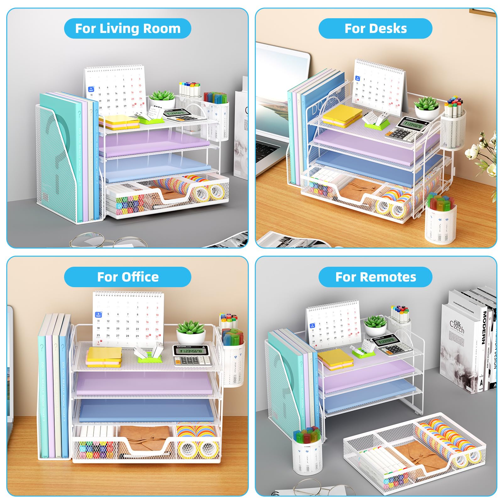 Marbrasse Organizer da scrivania e accessori, organizer per lettere a 4 livelli con porta documenti, accessori da scrivania e spazio di lavoro, organizer da scrivania con cassetto e 2 portapenne, per