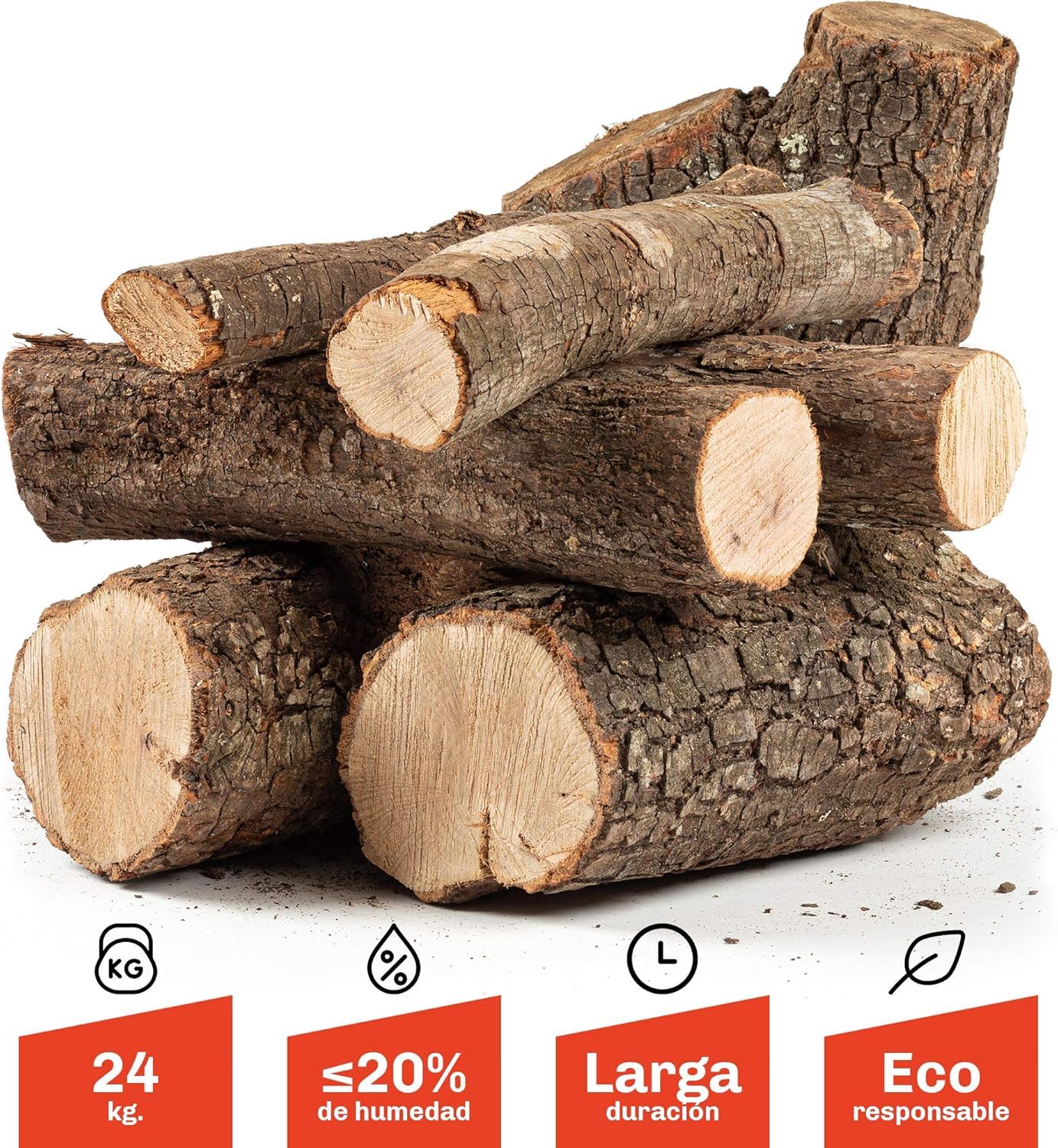Leña Encina Seca Ecológica Cortada en Troncos Medianos para Barbacoa, Chimenea, Caldera y Estufa, 24Kg