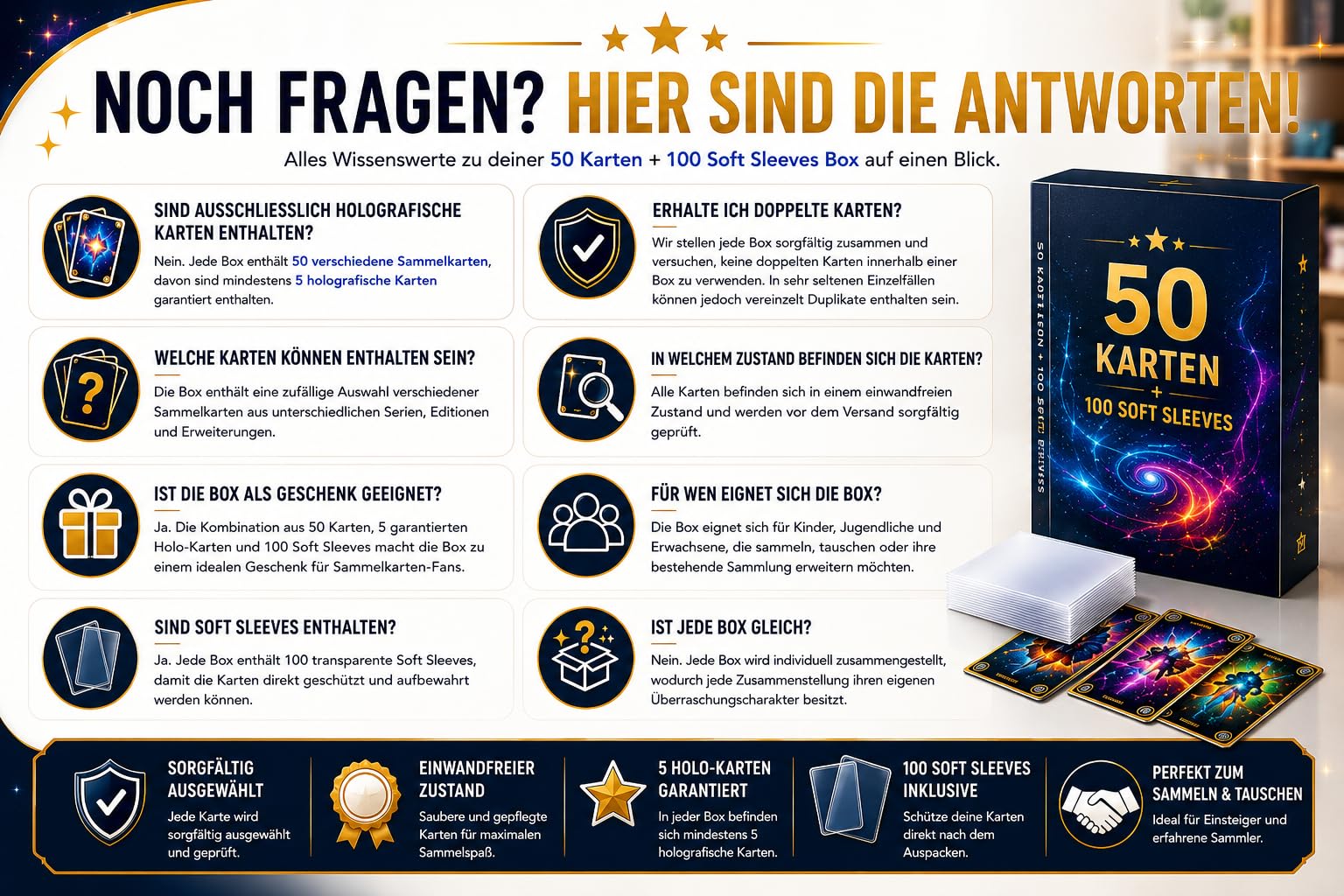 50 Original Pokémon Karten Deutsch – garantiert 5 Holo + 100 Ultra Pro Soft Sleeves – Karten Set für Sammler & Kinder