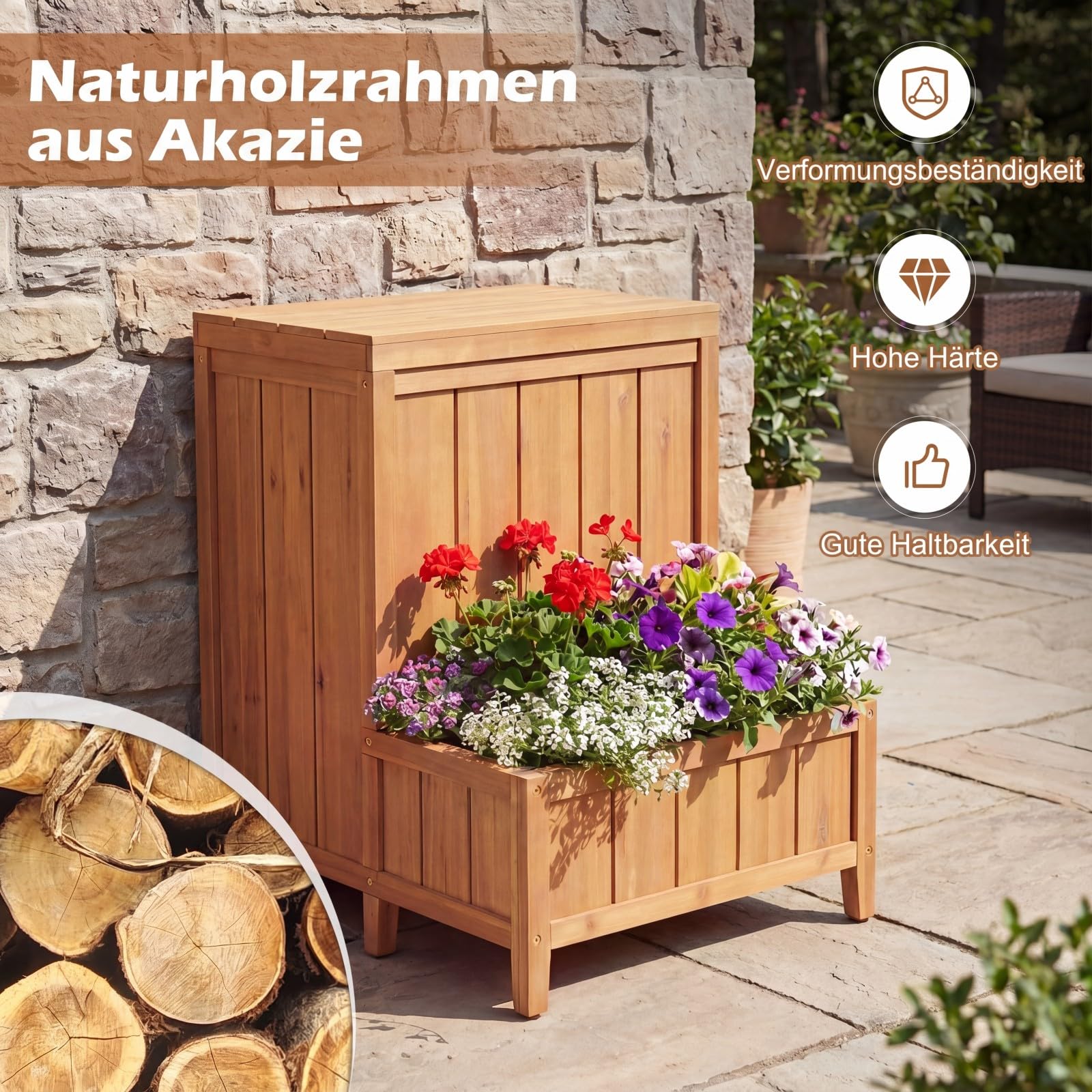COSTWAY Blumenkasten mit Gartenbox, Auflagenbox mit Deckel, Paketbox mit Pflanzkübel aus Holz, Aufbewahrungsbox für Pakete & Gartengeräte, für Garten & Terrasse, 57 x 52,5 x 70 cm, Natur