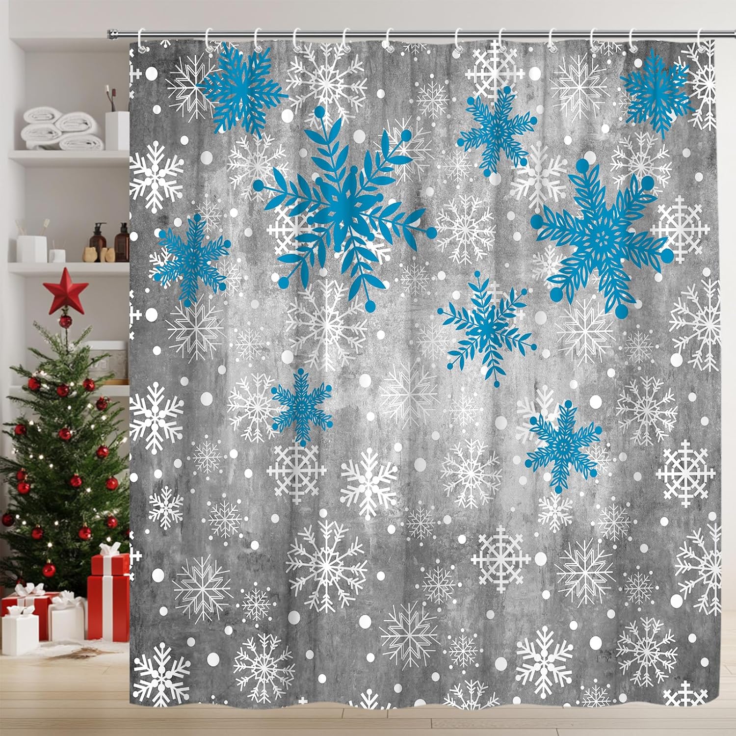 Winter Snowflake Shower Curtain Cute Teal and White Christmas Snowflake Grey Xmas Holiday Festival Happy New Year Bathroom Curtain Fabric with Hooks(84" Wx70 H)
