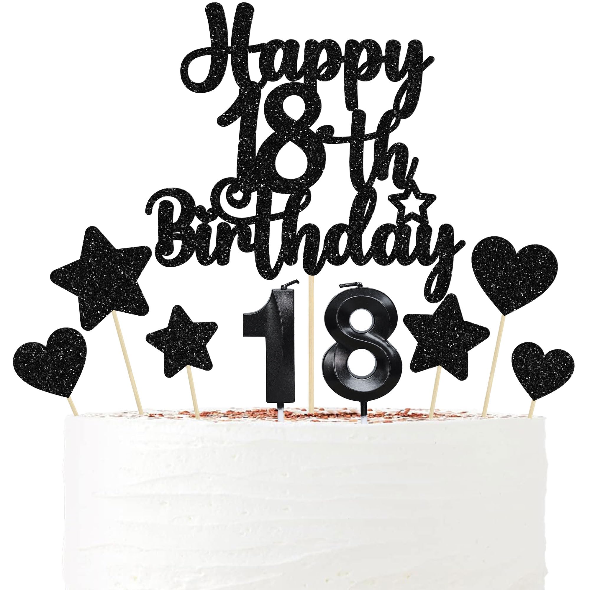 Gyufise 15Pcs Happy 18th Birthday Cake Topper Set with Heart Star Glitter Cheers to 18 Years Cake Picks Number 18 Candles Cake Decorations for Happy 18th Birthday Anniversary Party Supplies Black
