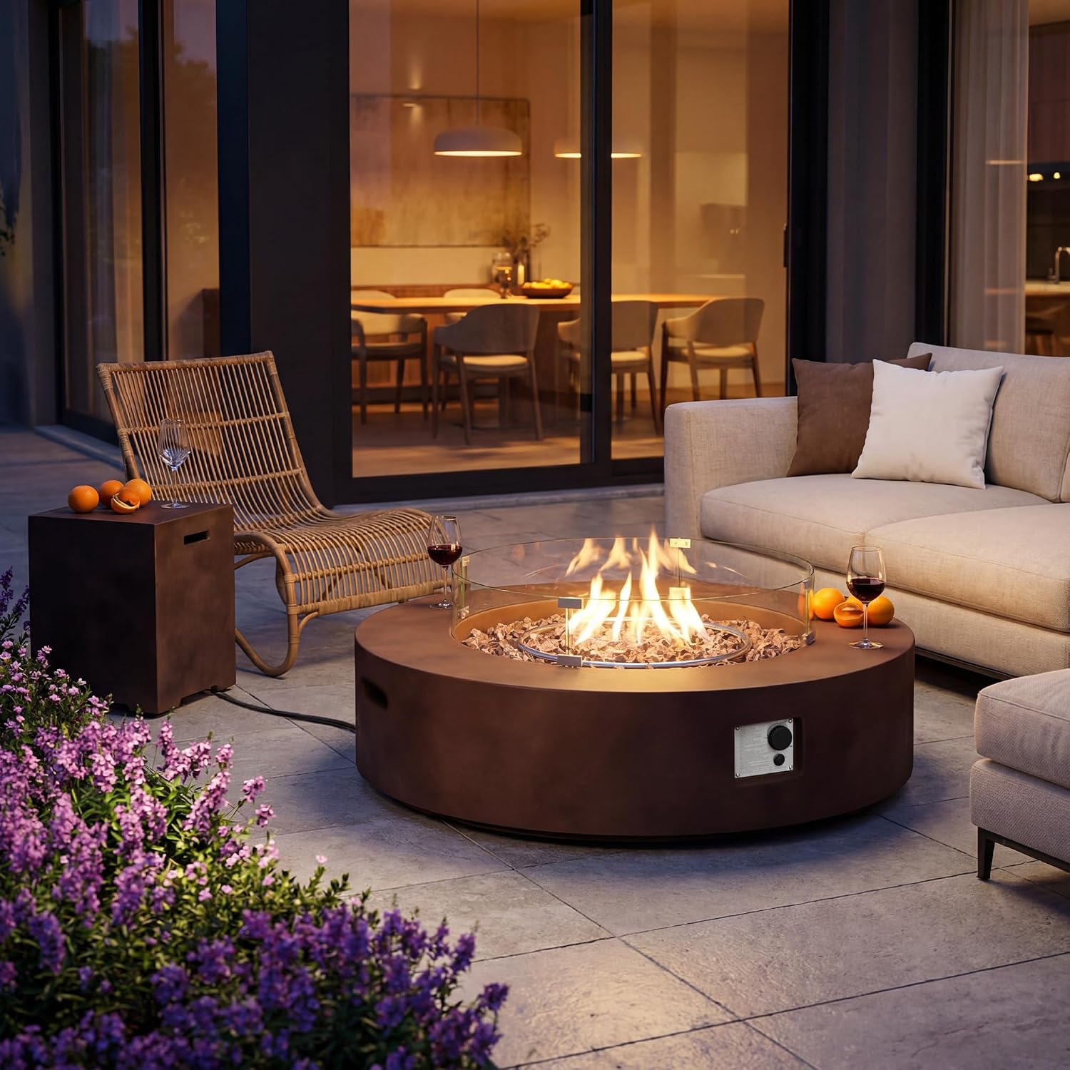 COSIEST 2-Piece Outdoor Propane Firepit Table Set w Tank Table, 42 inch Dark Fire Table Certified, 50,000 BTU w Bronze Round Base,Wind Guard and 16 inches Tank Side Table 20lb for Garden,Pool