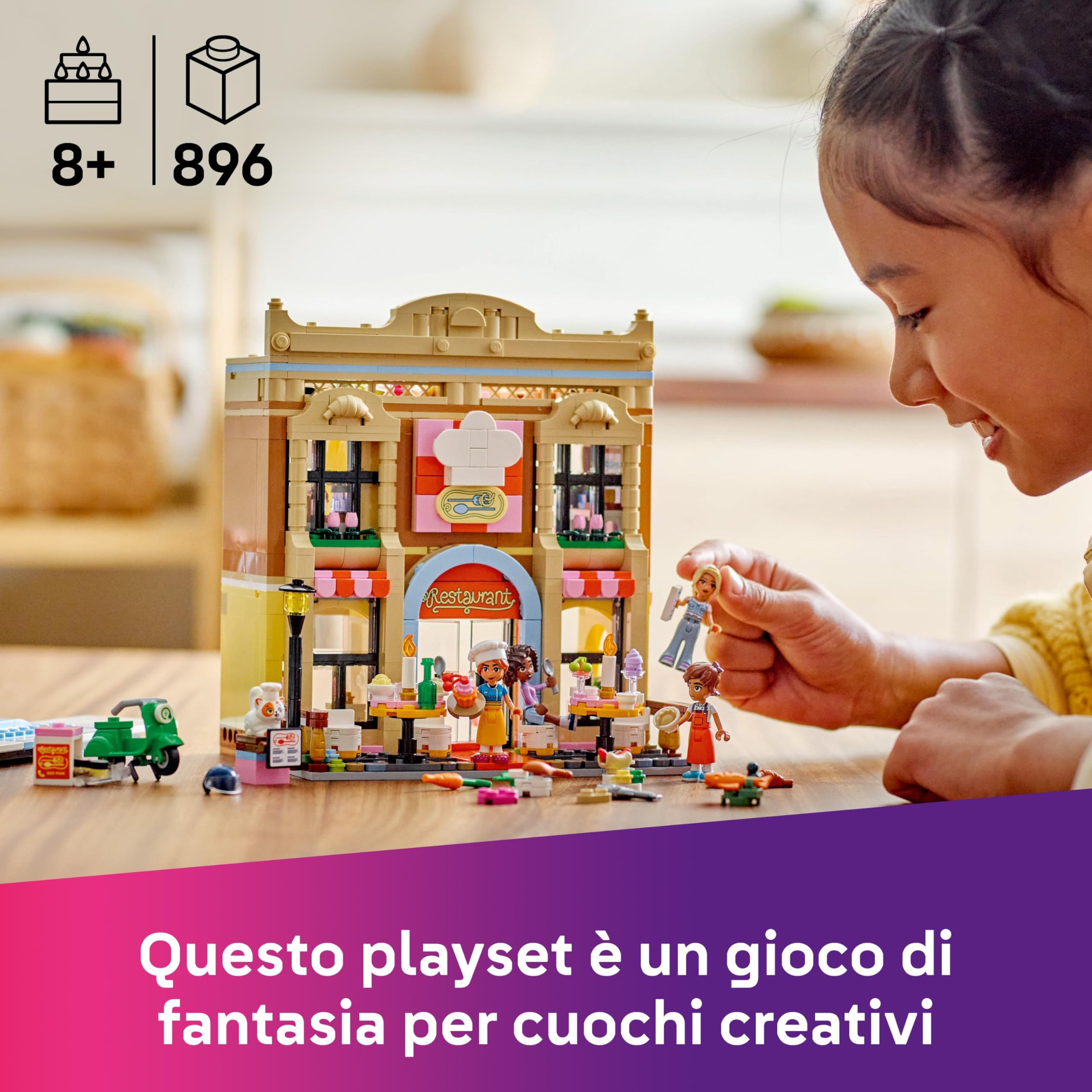 LEGO Friends Ristorante e Scuola di Cucina, Giochi Creativi per lo Sviluppo delle Abilità Sociali per Bambine da 8 Anni con Mini Bamboline, Gatto e Cibo giocattolo, Idea Regalo di Compleanno 42655