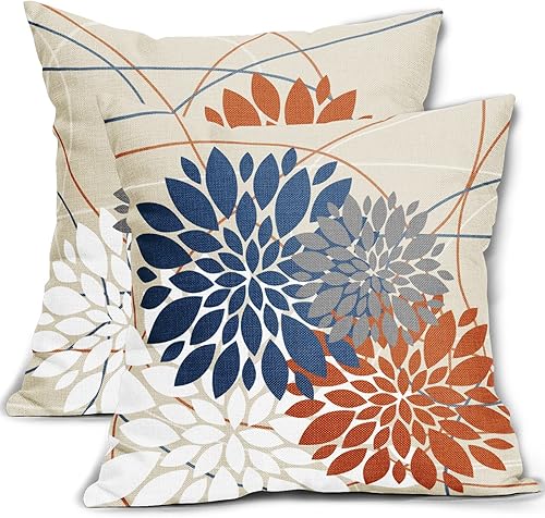 Juego de 2 fundas de almohada azules y naranjas de 18 x 18 pulgadas, diseño de flores de dalia, color blanco y gris, decoración de exteriores para