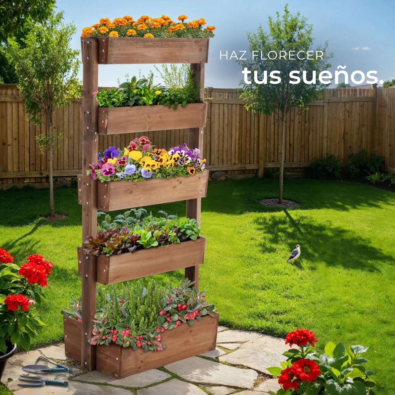 tectake® Huerto Urbano Vertical con 5 Niveles, Maceteros Grandes Exterior de Madera, Macetero Alto, Macetas Exterior Grandes, Huerto Urbano Terraza - 52 x 81 x 180 cm Marrón