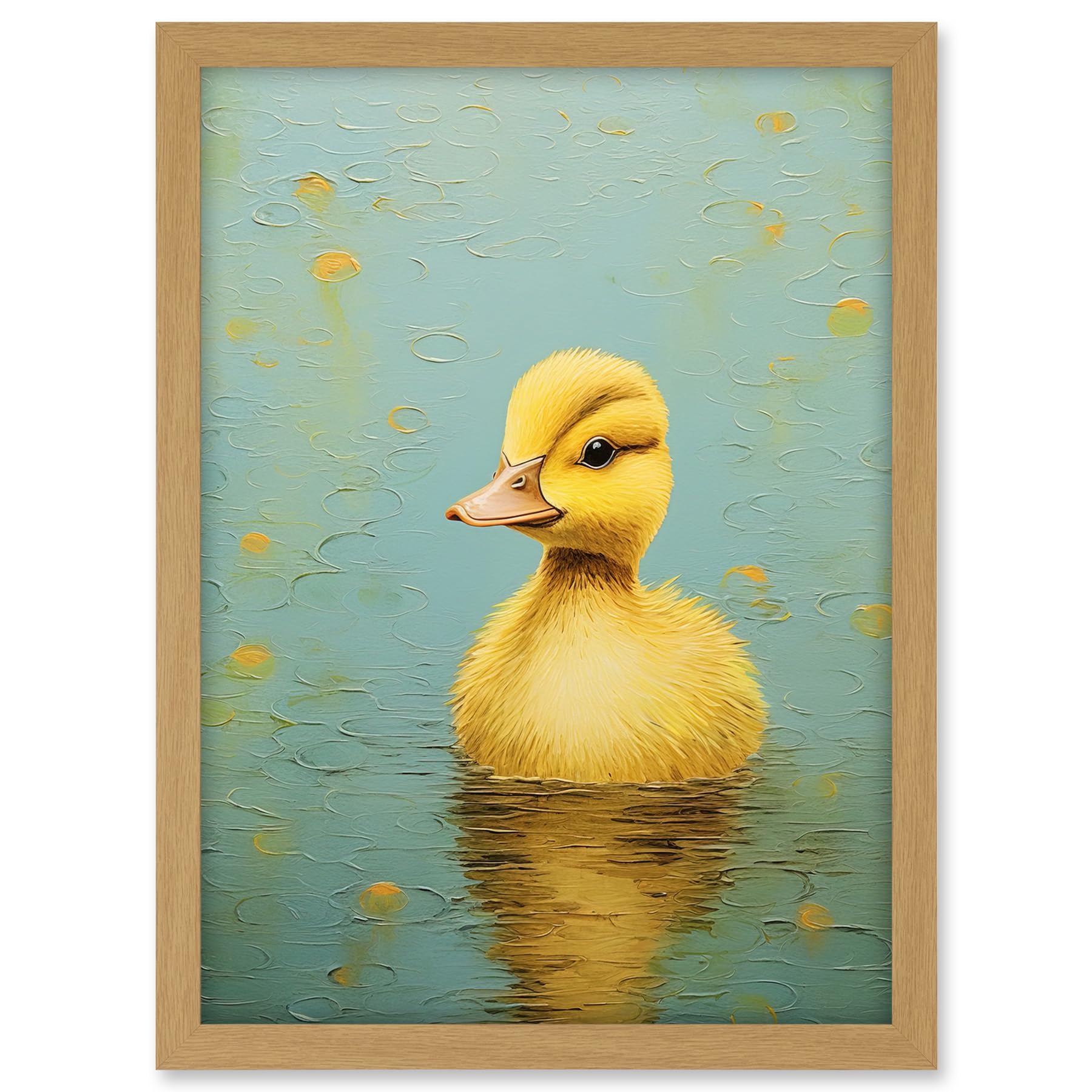 Artery8 Duckling on the Water Oil Painting Yellow and Duck Egg Blue Baby Artwork Framed A3 Wall Art Print