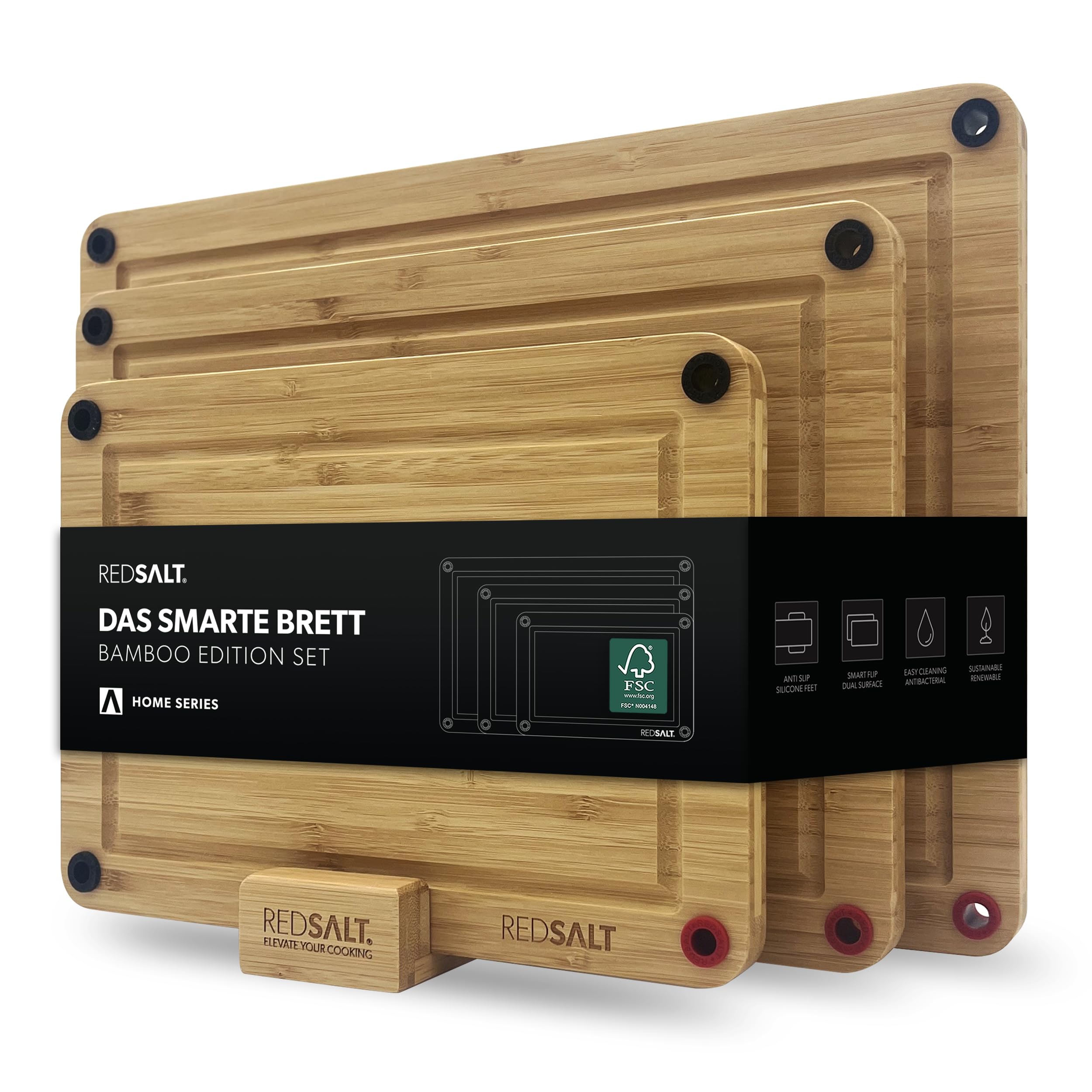 REDSALT Bambus Schneidebrett 3er Set rutschfest Premium Holz Küchenbretter | Cutting Board beidseitig, Holzschneidbretter antibakteriell, tiefe Saftrille | Holzbretter Küche Grill Holzschneidbretter