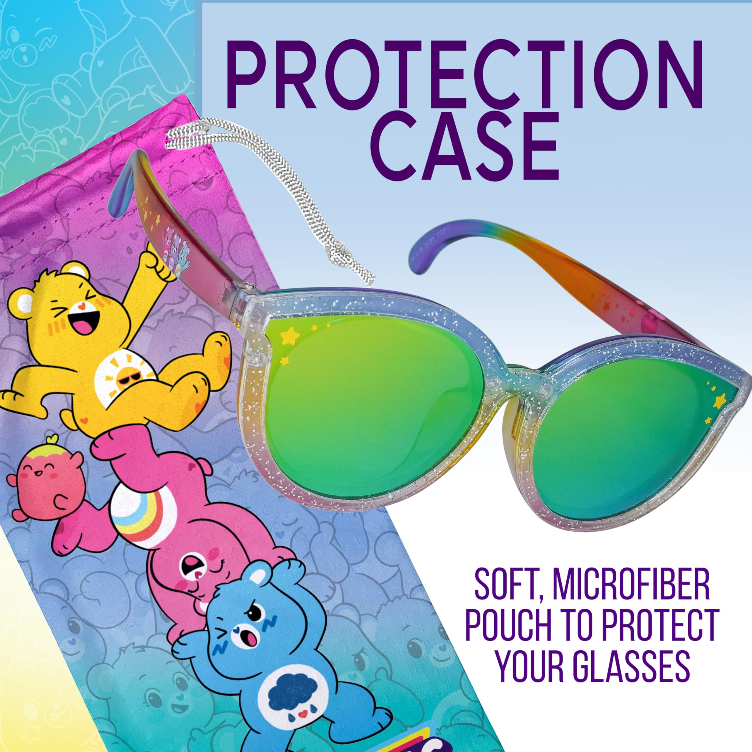Sun-Staches Kids Care Bear Sonnenbrille, stilvoll, bequem und langlebig, UV-Schutz, Pflegebär-Sonnenbrille mit weichem Pflegebär-Zubehör, Tragetasche – Offizielles Care Bears Zubehör