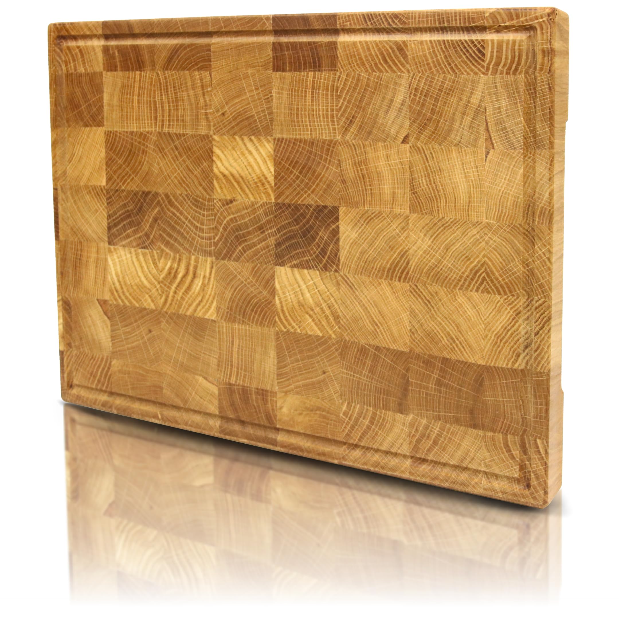 holz4home Schneidebrett L aus Eichenholz (Stirnholz-Würfelmuster), 40 × 30 × 4 cm, Saftrille, rutschfeste Füße