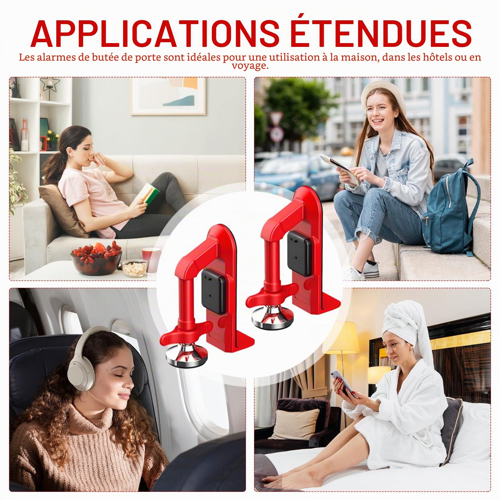 Lot de 2 Butoir de Porte Alarme, Bloque-portes Portable Dispositif de Sécurité pour la Maison, l'hôtel, les Voyages et la Protection Personnelle, Butée de Porte Réglable avec Alarme de 80 dB