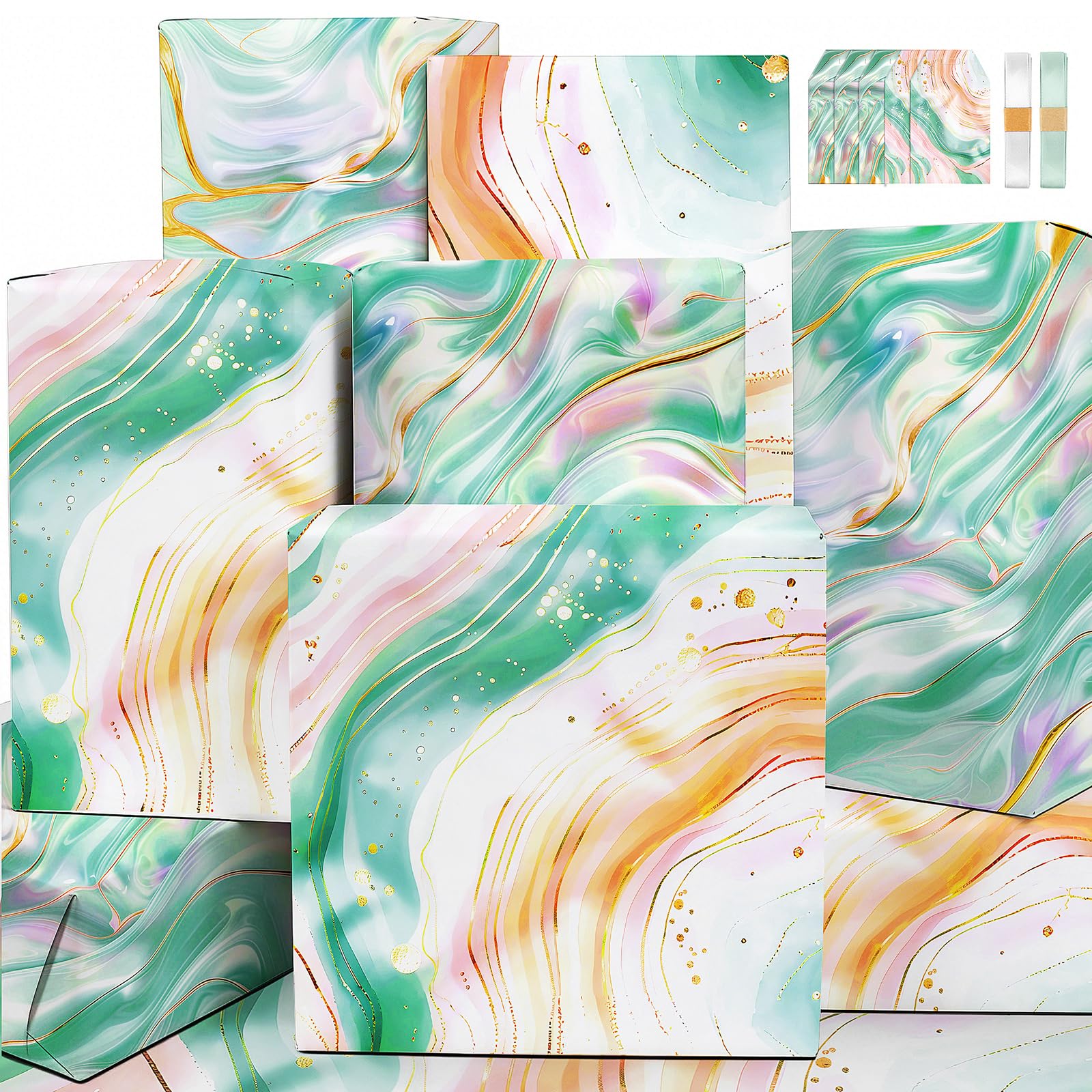 5 Sheets Teal Marble Wrapping Paper Birthday Wrapping Paper for women Girls Female,Premium 50x70cm Wrapping Paper Sheets Gift Wrap Birthday Gift Wrapping Paper,Includes Tags & Ribbons