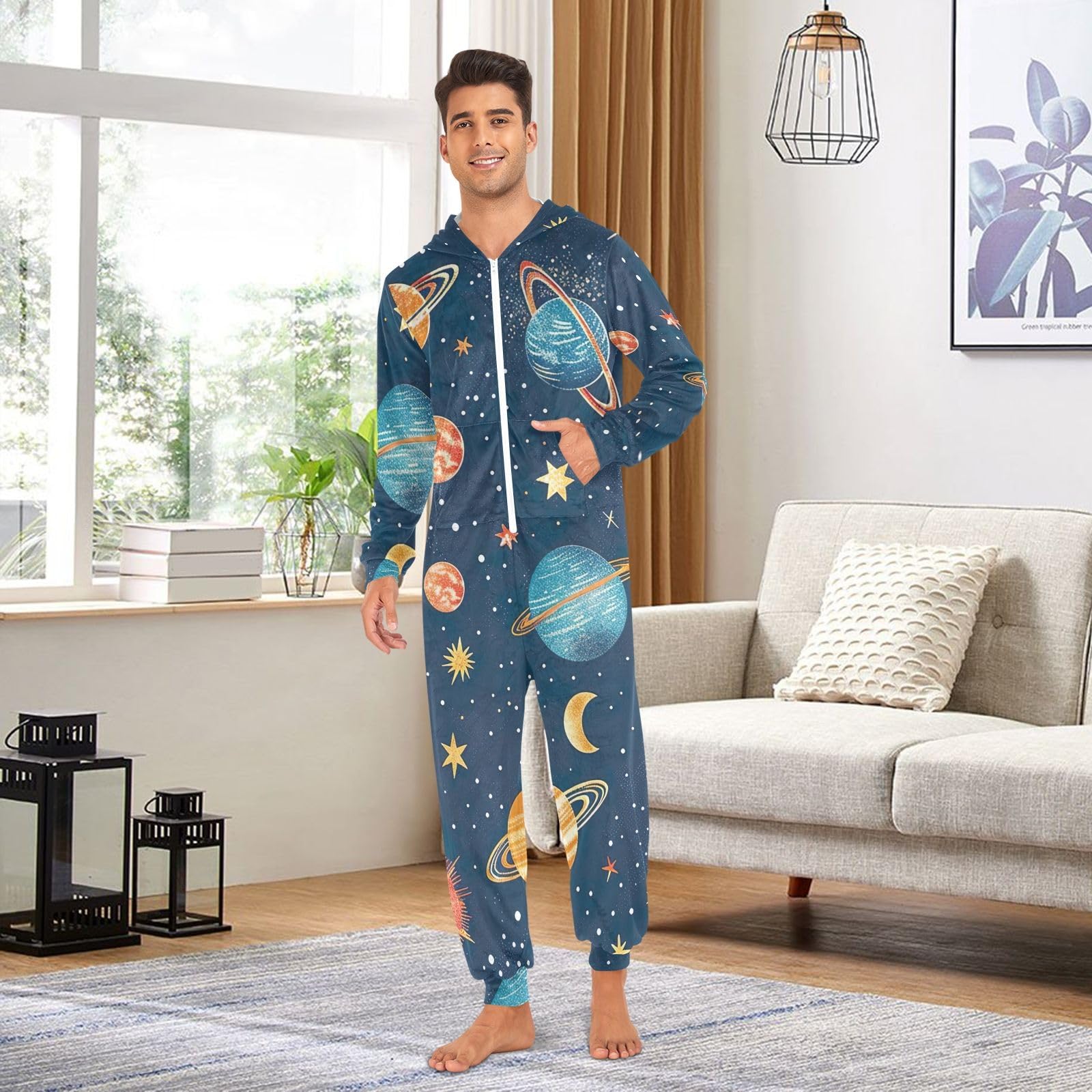 Carino Cartoon Planets Blu Adulto Natale Tutina Tuta Cerniera Pigiama Morbido Peluche Loungewear