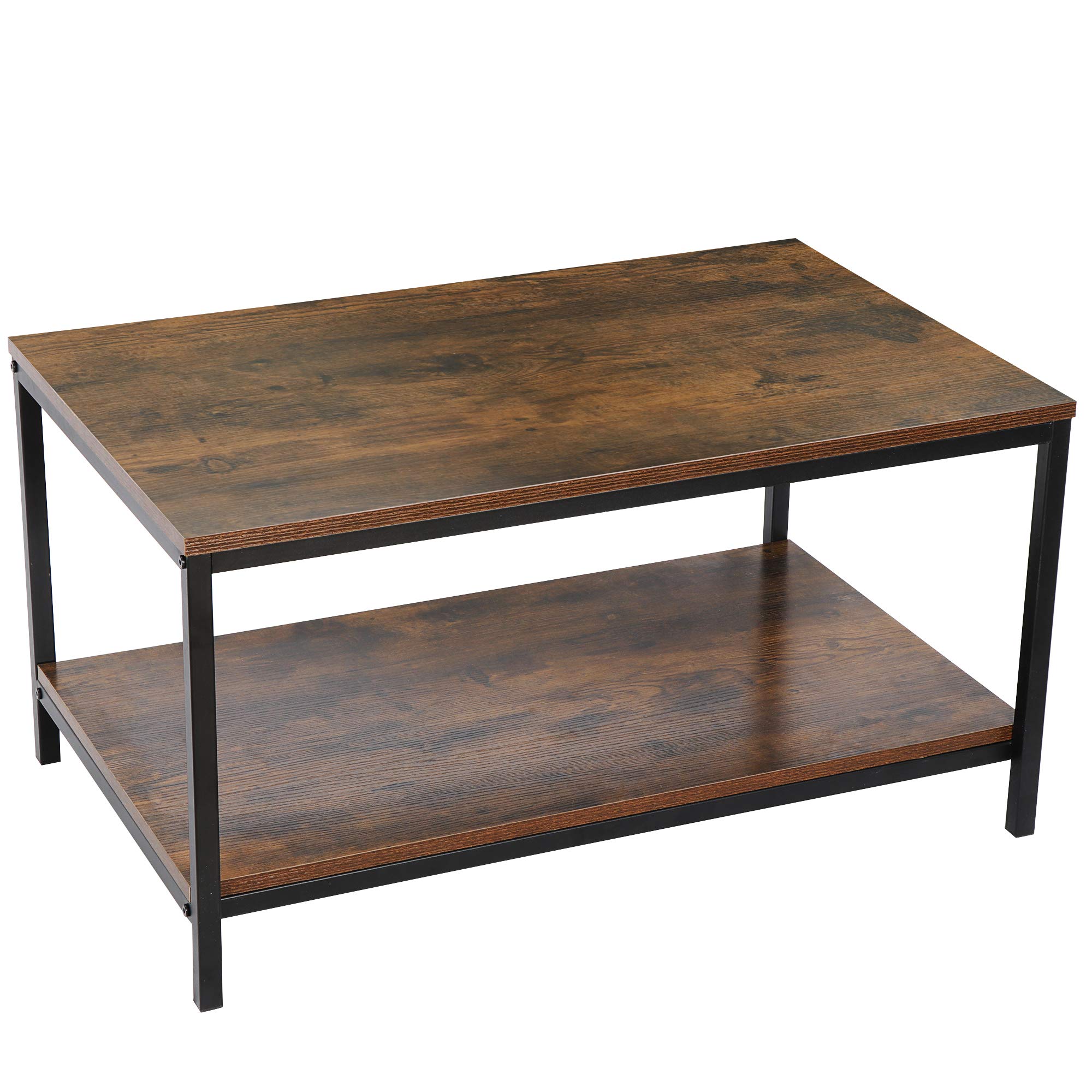 SUPER DEAL 2-Tier Industrial Coffee Table with Storage Shelf for Small Apartment Living Room, Rectangle Wood and Stable Metal TV Stand Side End Table,