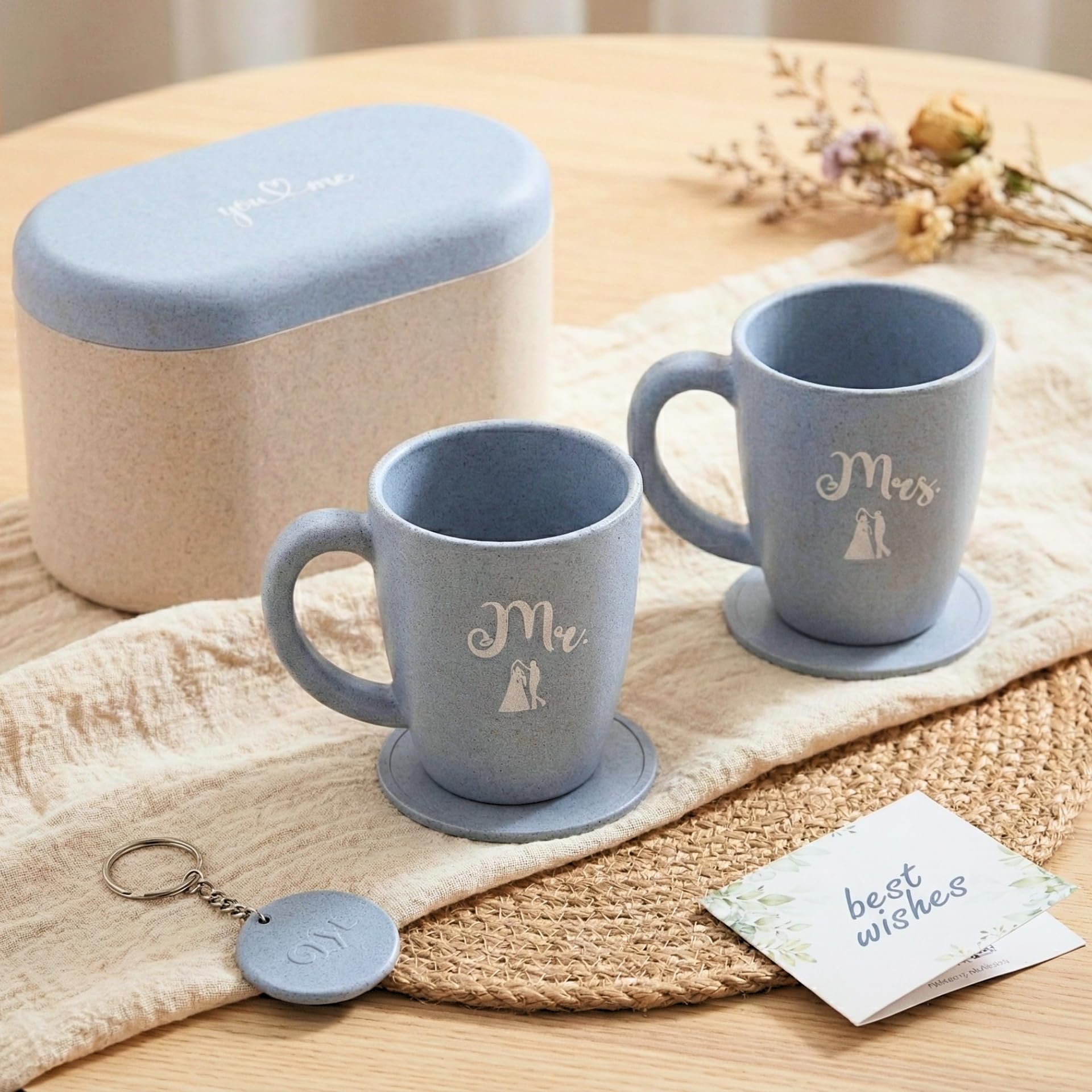 Eha Earth-Friendly Mr & Mrs Classic Coffee Mugs for Couple | Wedding Gift for Couples| Made with Rice Husk| Two Mugs, Coasters Set of 2, Keychain & One Loopac Box | 300 ml | Azure