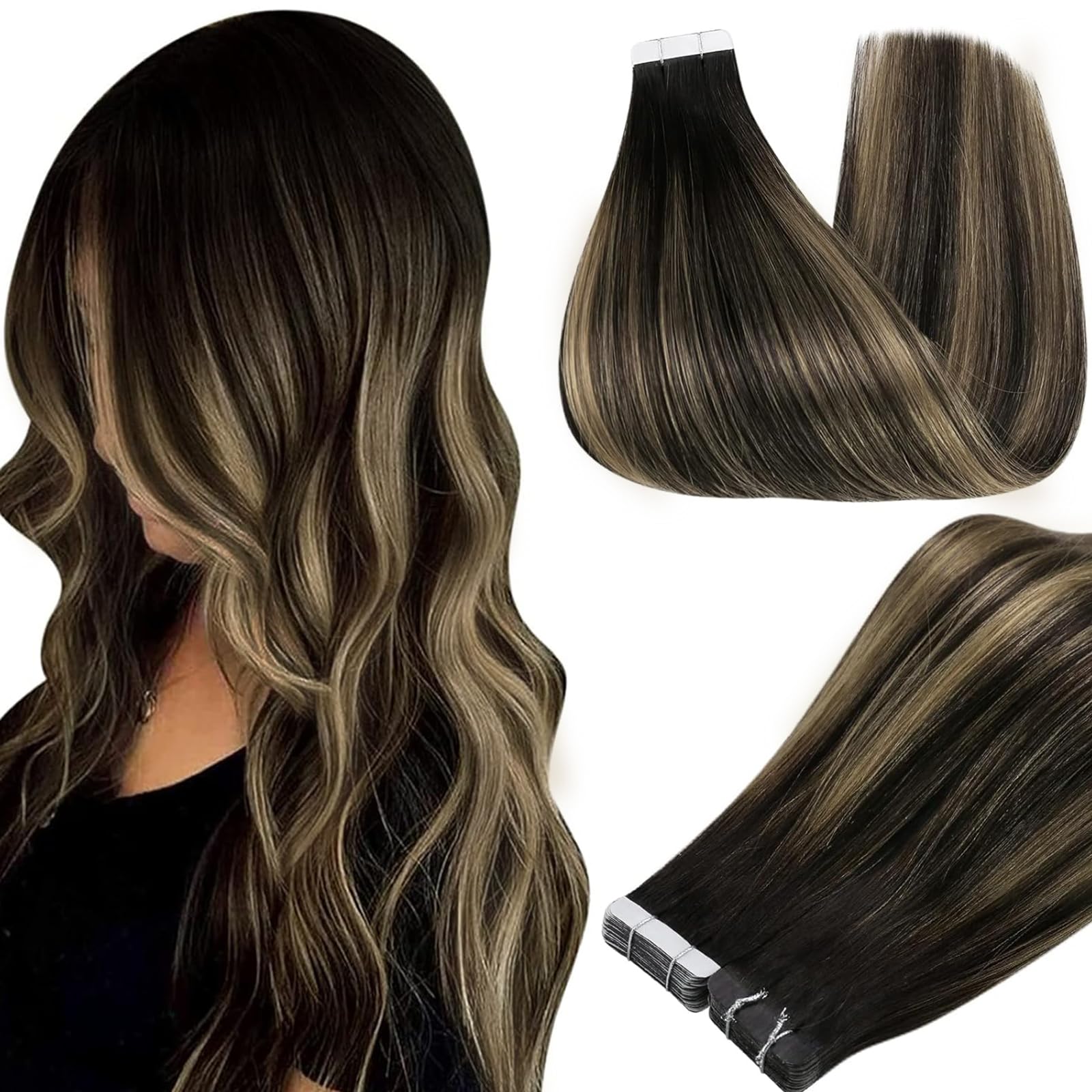 Full Shine Tape in Extensions 22Inch Tape in Hair Extensions Human Hair Color 1B/27/1B Off Black Ombre Honey Blonde Extension Invisible Remy Skin Weft