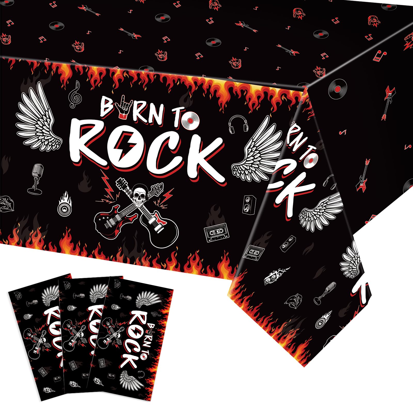Rock Themed Party Tablecloths – 3 Pack, 108x54 Inch, Guitar & Music Design, Plastic - View #4