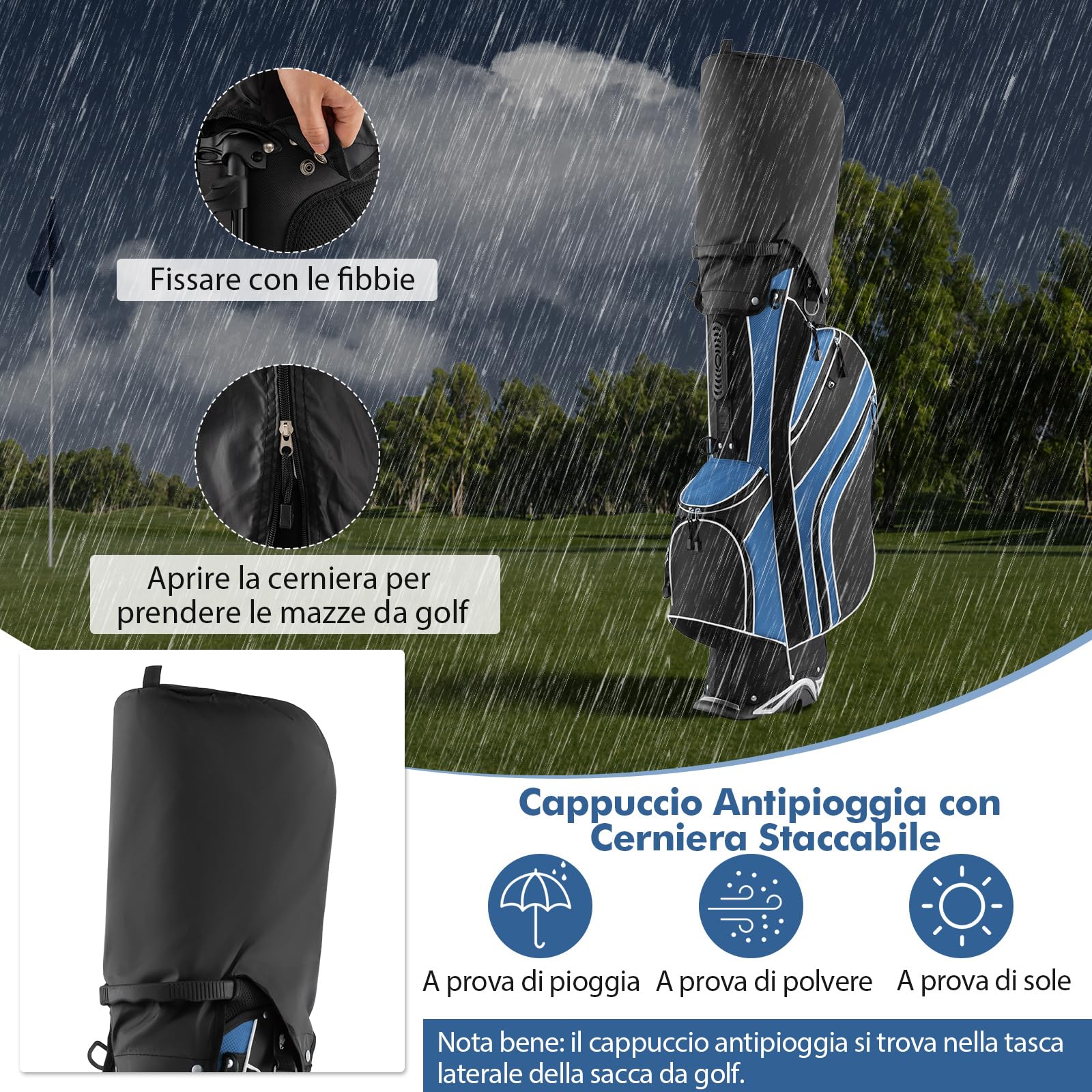 COSTWAY Borsa da Golf con Supporto, Sacca per Mazze da Golf con 6 Divisori, 7 Tasche con Cerniera Incluse Borsa Termica, Portaombrelli, Borsa da Golf Leggera e Portatile con Tracolla (Blu)
