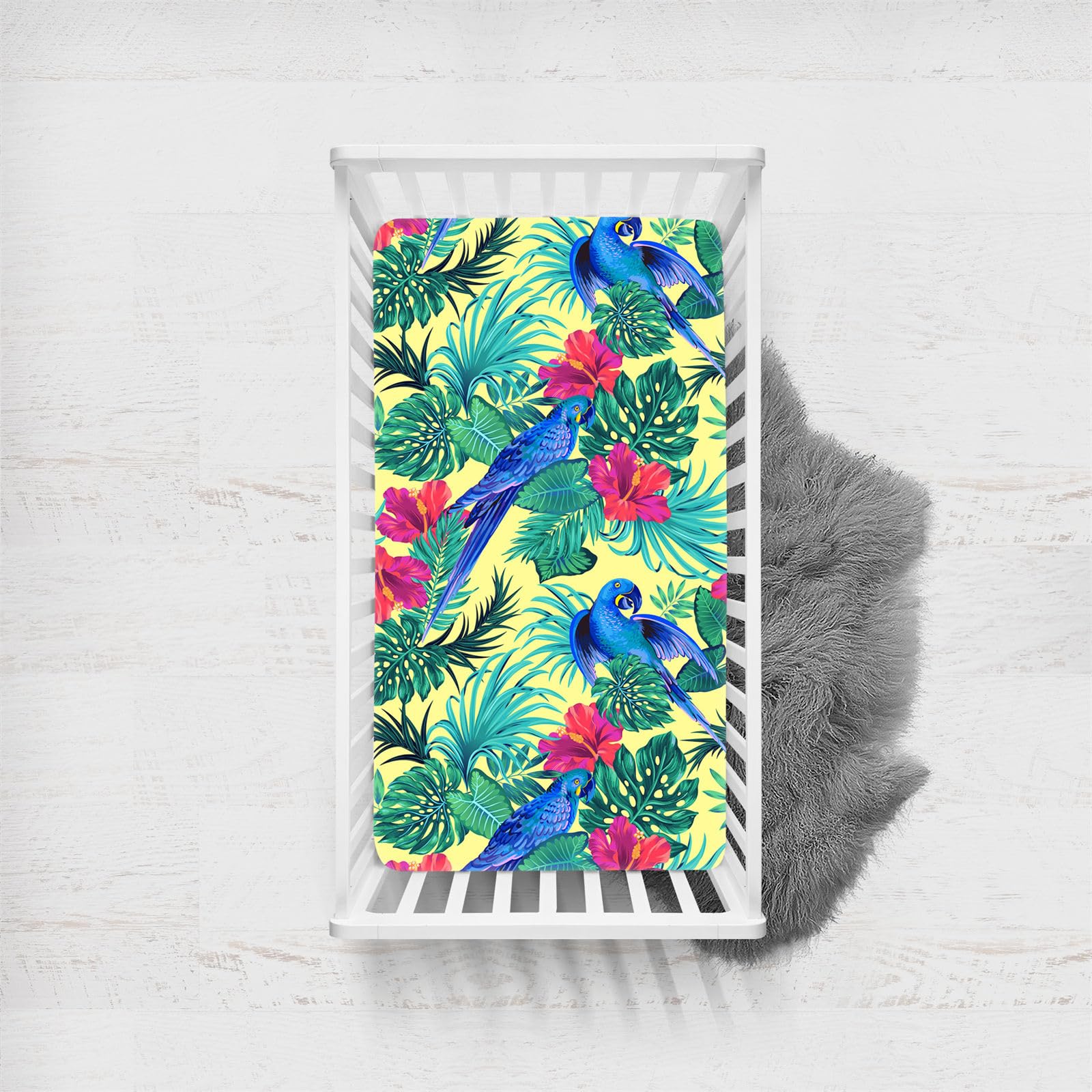 Odot Cot Bed Fitted Sheets, 3D Plants Flower Print Moses Basket Fitted Sheet Microfibre Crib Fitted Sheets Baby Bed Sheets Bassinet Sheets Cot Bed Mattress Protector (Blue Parrot,100x135cm)