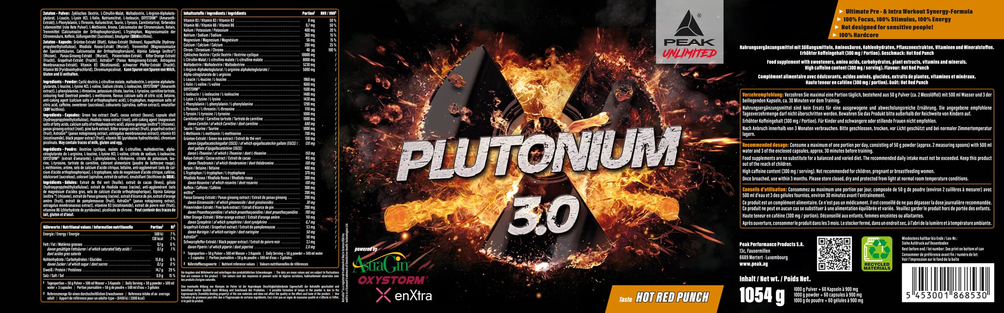 Plutonium 3.0-1054g Geschmack Hot Red Punch I Pre Workout Booster I über 30 potente Inhaltsstoffe I L-Citrullin Malat I L-Arginin AKG I OXYSTORM® I EAA Matrix I vegan