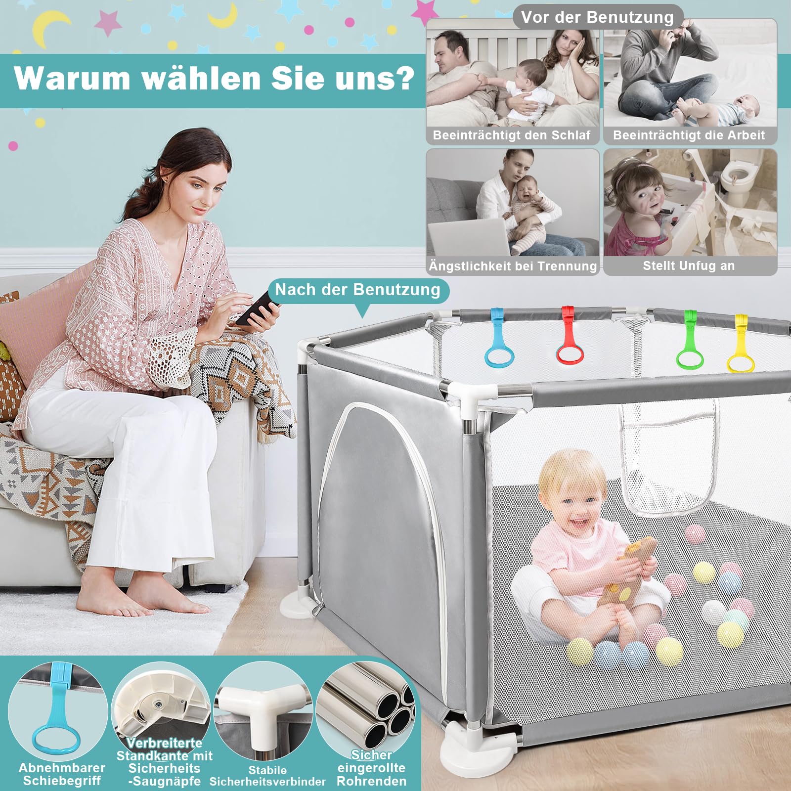 CHOLY Baby Laufstall für Babys und Kleinkinder, stabiler sechseckiger Laufstall mit atmungsaktivem Netz, Aktivitätszaun für Kinder für drinnen und draußen mit Reisetasche (Hellgrau)