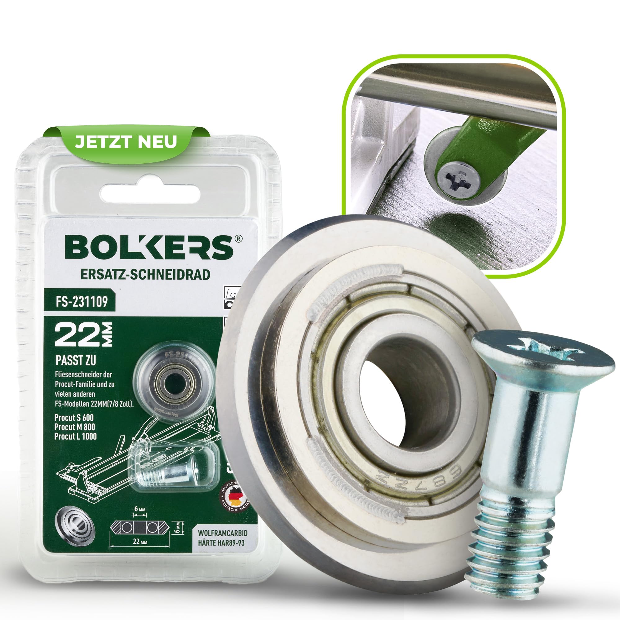 BOLKERS® ProCut Series - Replacement Cutting Wheel 22 x 6 x 6 mm Tungsten Carbide Cutting Wheel with Wheel Rod - Replacement Wheel for Tile Cutters - for Cutting Tiles, Glass, Tile