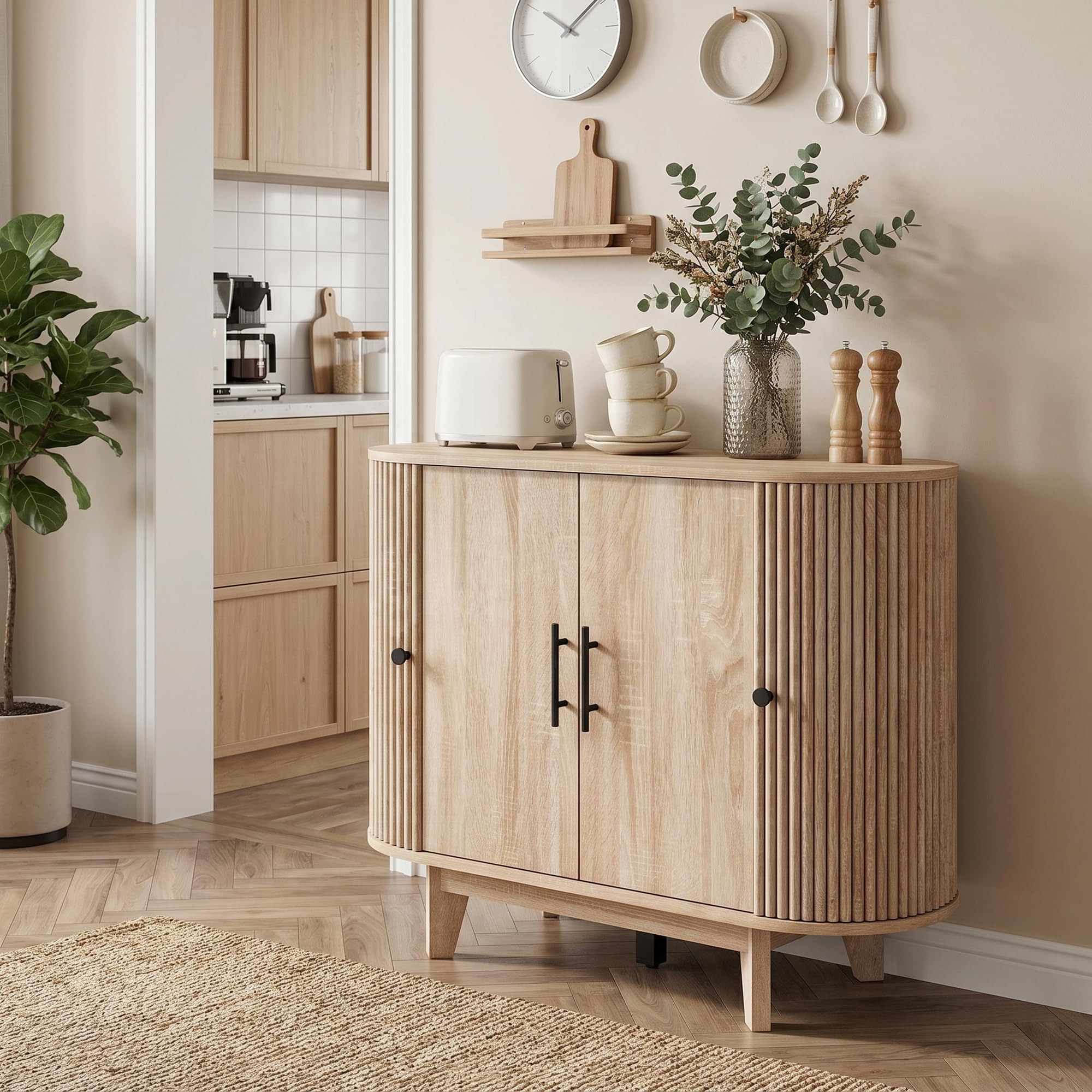 HOMCOM Buffet Salon, Meuble de Rangement Ovale avec 4 Portes et Étagère Réglable, 5 Pieds Stables, Style Moderne, Buffet Salle à Manger et Cuisine, 90x40x76cm, Chêne