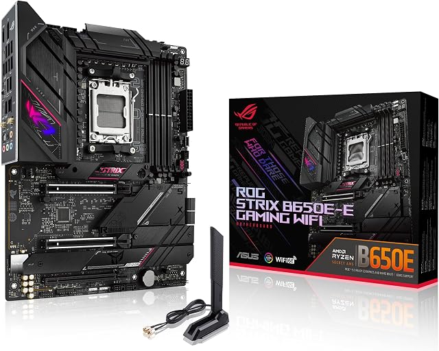 ASUS ROG Strix B650E-E Gaming WiFi AMD Ryzen AM5 ATX motherboard, 16 + 2 power stages, DDR5, four M.2 slots, PCIe 5.0, WiFi 6E, 2.5G LAN, USB 3.2 Gen 2x2 Type-C rear I/O port, and Aura Sync RGB