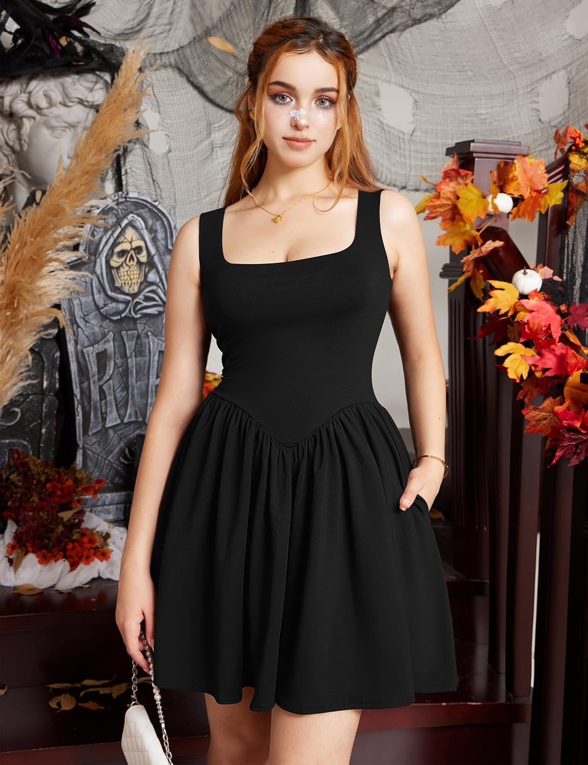 YMDUCH Women's Summer Sleeveless Square Neck A-line Ruffle Hem Mini Tank Dress with Pockets - Image 3