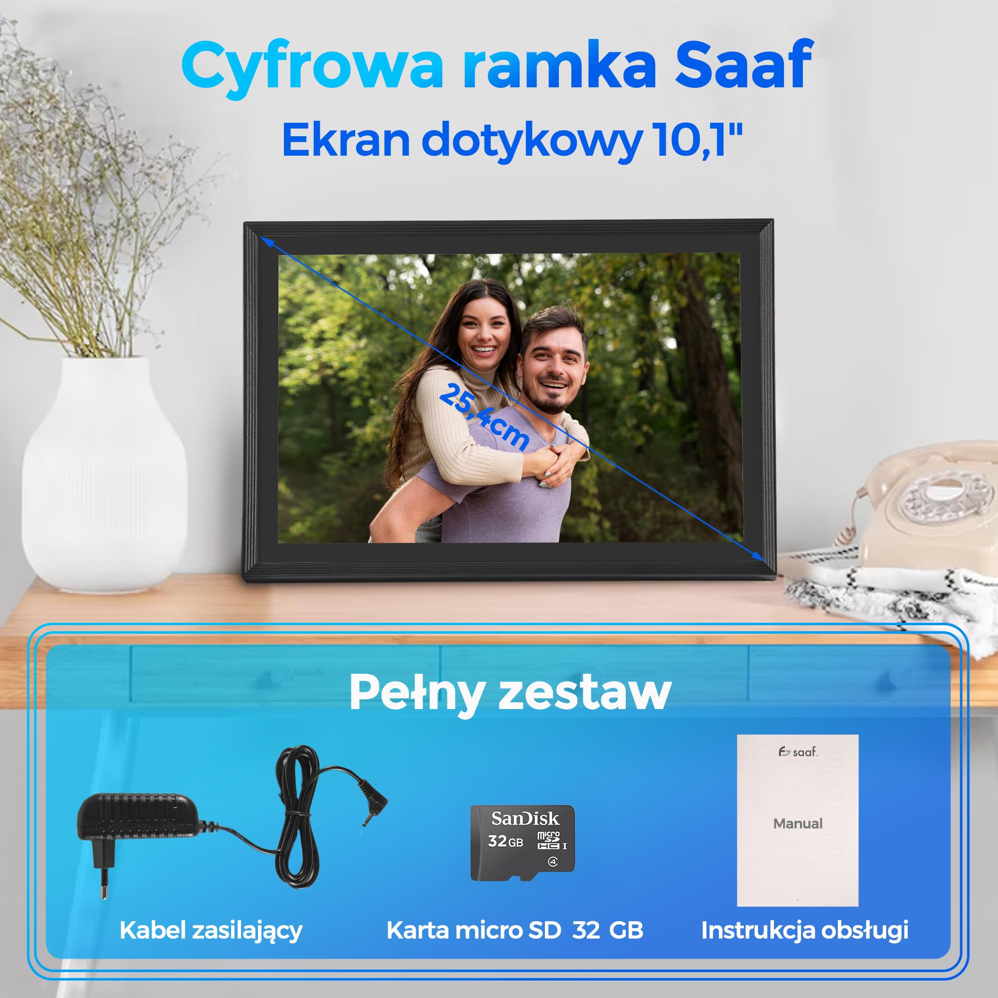 Saaf Cyfrowa ramka na zdjęcia – ekran dotykowy 10,1" – WiFi & App 'Uhale' – 64 GB pamięci masowej (wewnętrzna 32 GB + 32 GB SD) – cyfrowa ramka na zdjęcia – czarna – łatwa obsługa