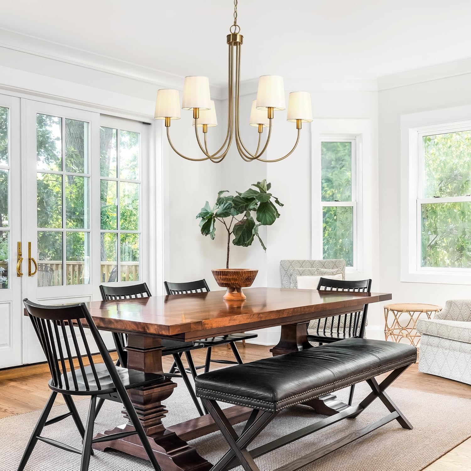Modern Gold Chandelier with White Fabric Shades, 6-Light Dining Room Light Fixture with Electroplated Brass Finish 28.5" Dia