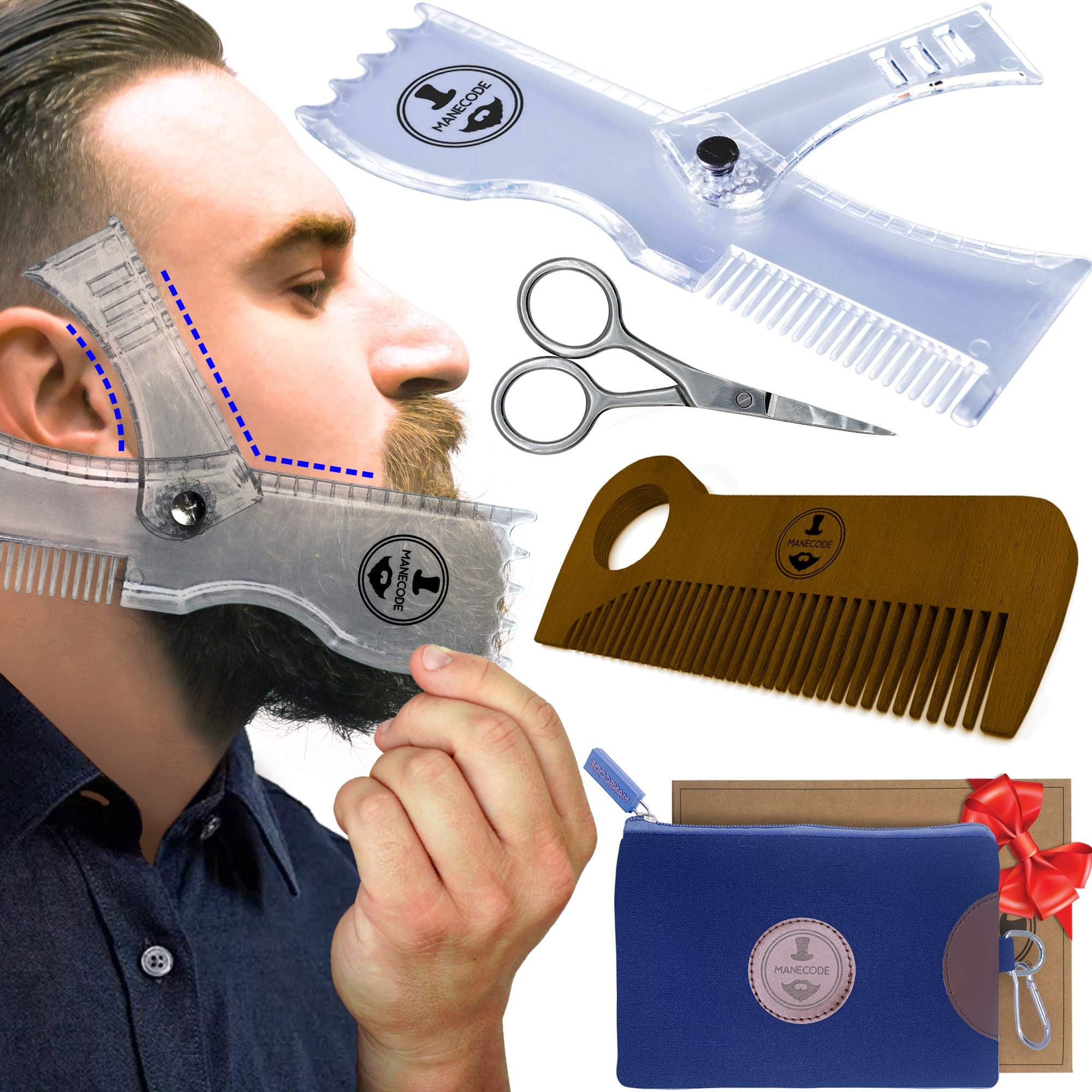 Beard Shaping Tool - Grooming Beard Shaper Tool - 5 in 1 Beard Kit with Beard Template, Wooden Comb, Laser Sharpenning Scissors, Shaping Tool Case and Guide - The Best Set for Your Beard Care