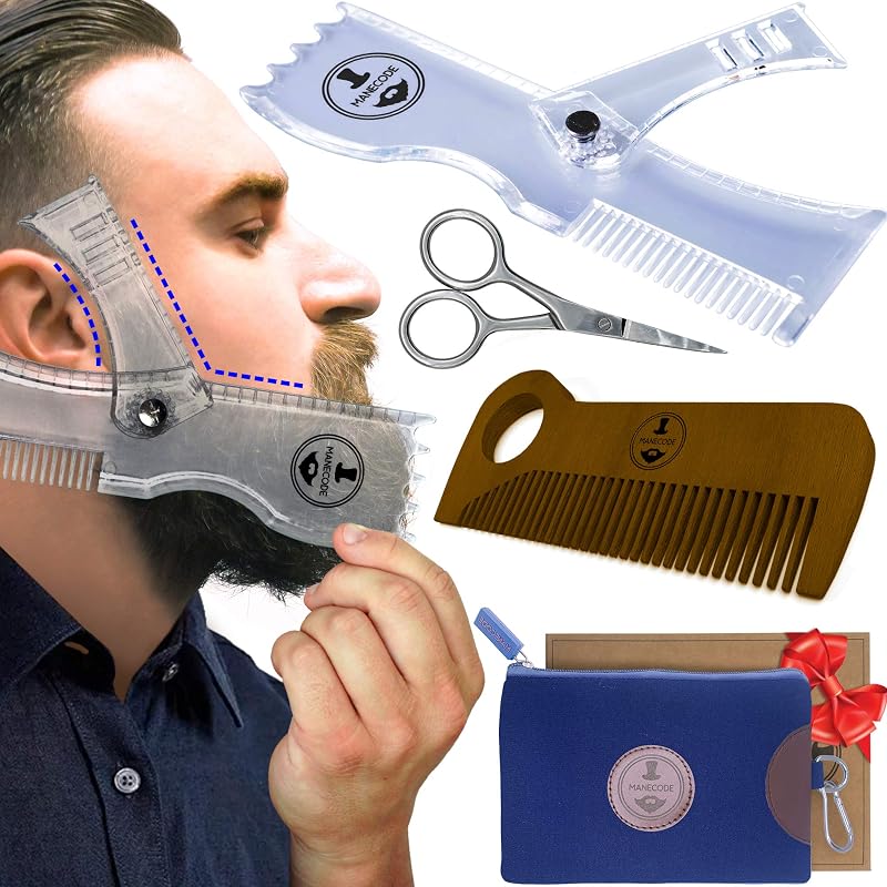 Kit para Modelar Barba MANECODE com Guia Ajustável, Pente de Madeira, Tesoura e Estojo
