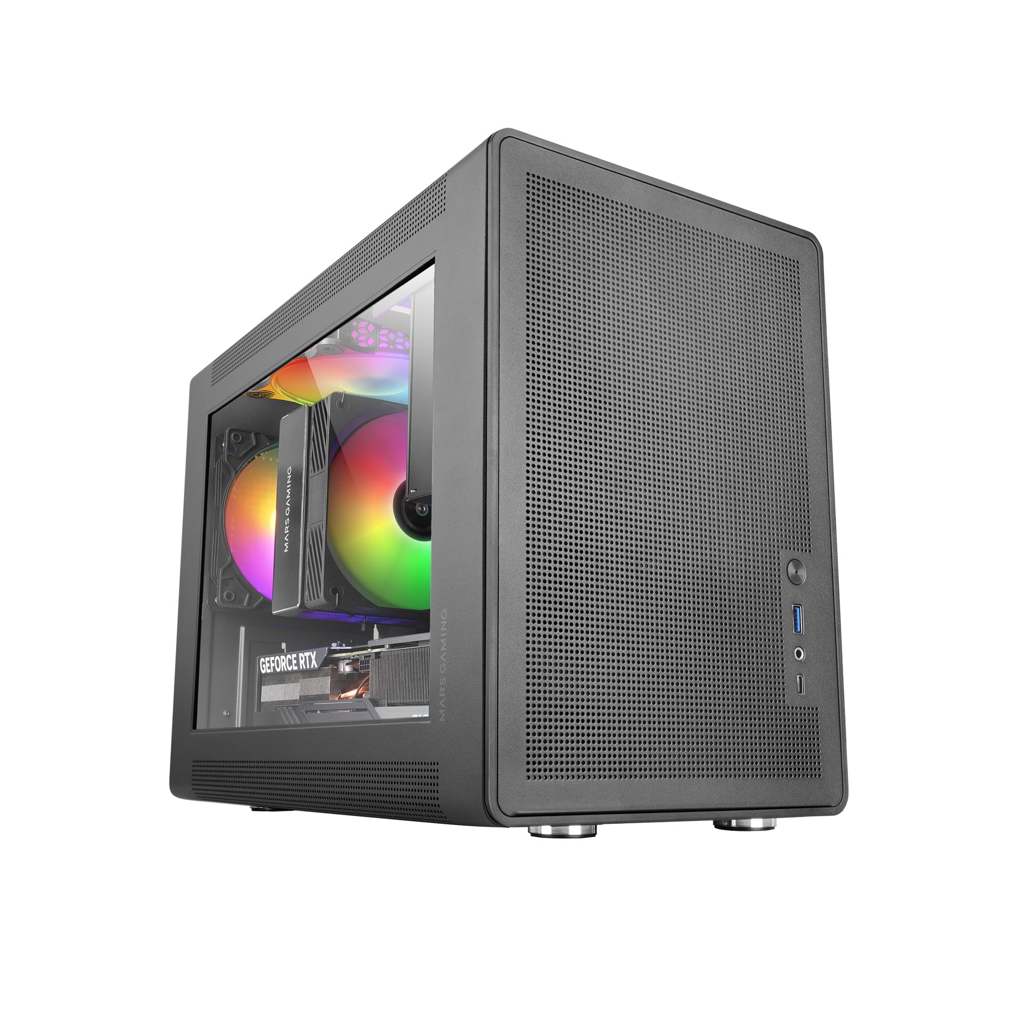 MARS GAMING MC-XPS, Ultracompact MicroATX Gaming Case, Tempered Glass + Mesh Panels, FRGB 120mm Fan, Mesh Cooling Technology, Dual PSU Support for ATX and SFX, Mini-Tower PC USB-C, Black