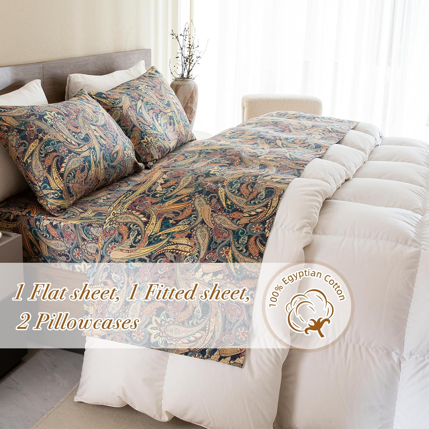 Lady Ann King Size Bed Sheets, 100% Egyptian Cotton Sheet Paisley Flower Pattern Printed 4 PCS Bedding Set- Super Soft, Silk-Like Feel Bed Sheet Set and Extra 17.5" Deep Pockets Bed Sheets
