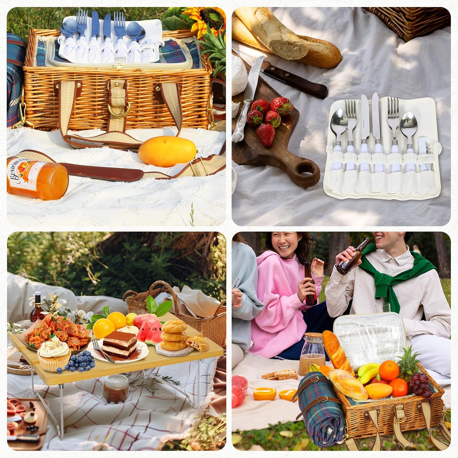 Picnic Basket for 4 with Folding Table, Large Wicker Picnic Basket Set with Waterproof Blanket and Wine Pouch, Insulated Willow Hamper with Cutlery Kit for Camping, Couples, Wedding Gift - Image 5