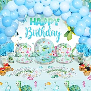 WovWeave Under the Sea Birthday Decorations, Ocean Turtle Theme Party Supplies for 16 Guests, Party Plates and Napkins Set, Tableware, Balloons, Backdrop Banner and Tablecloth, 166 Pcs