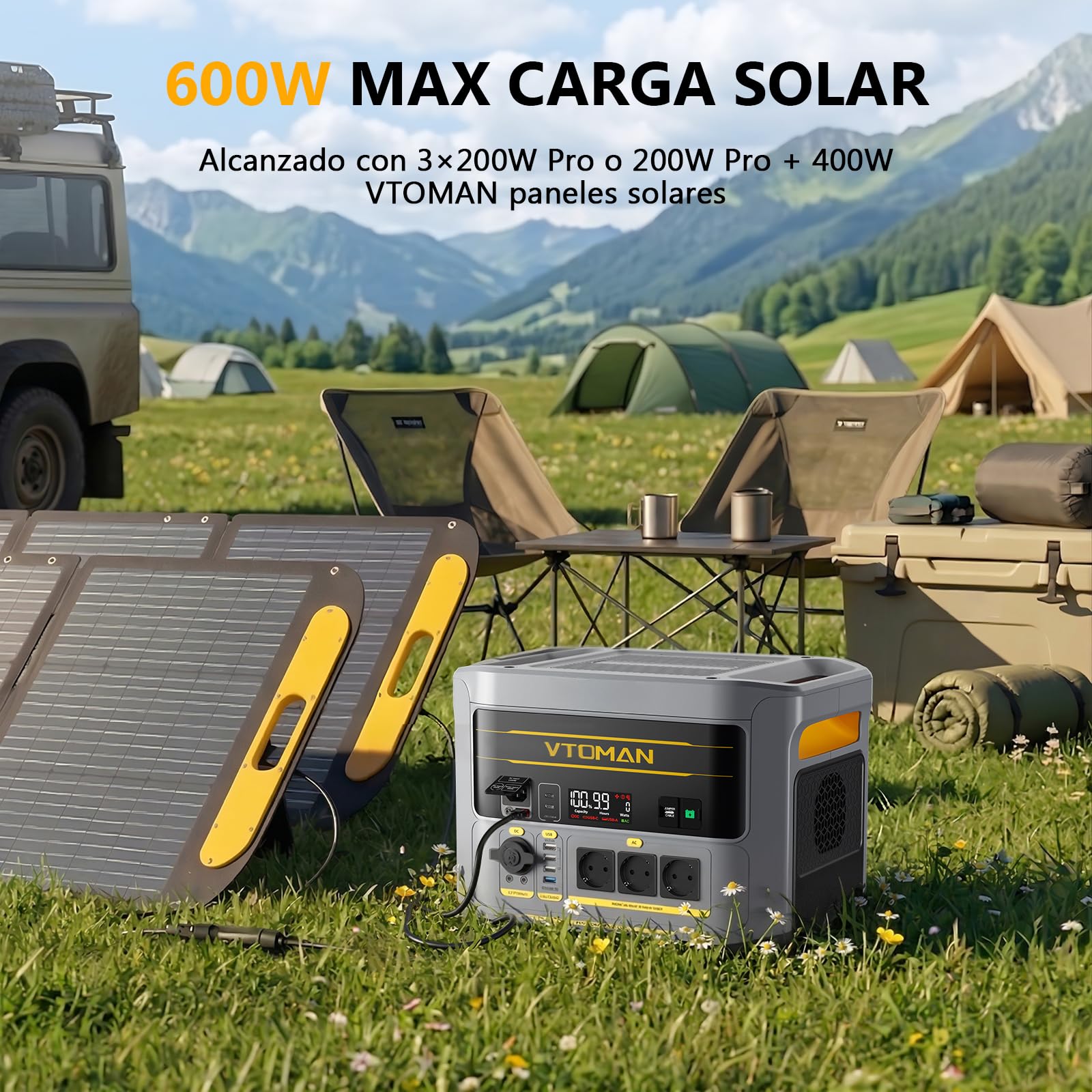 VTOMAN FlashSpeed 2400 Estación de Energía Portátil con 400W Panel Solar | 1408Wh Generador Solar, 3 CA de 2400W, Cable de Arranque, Carga Rápida 0-100% en 1 H, Acampada, RV, Apagones, Embacaraciones